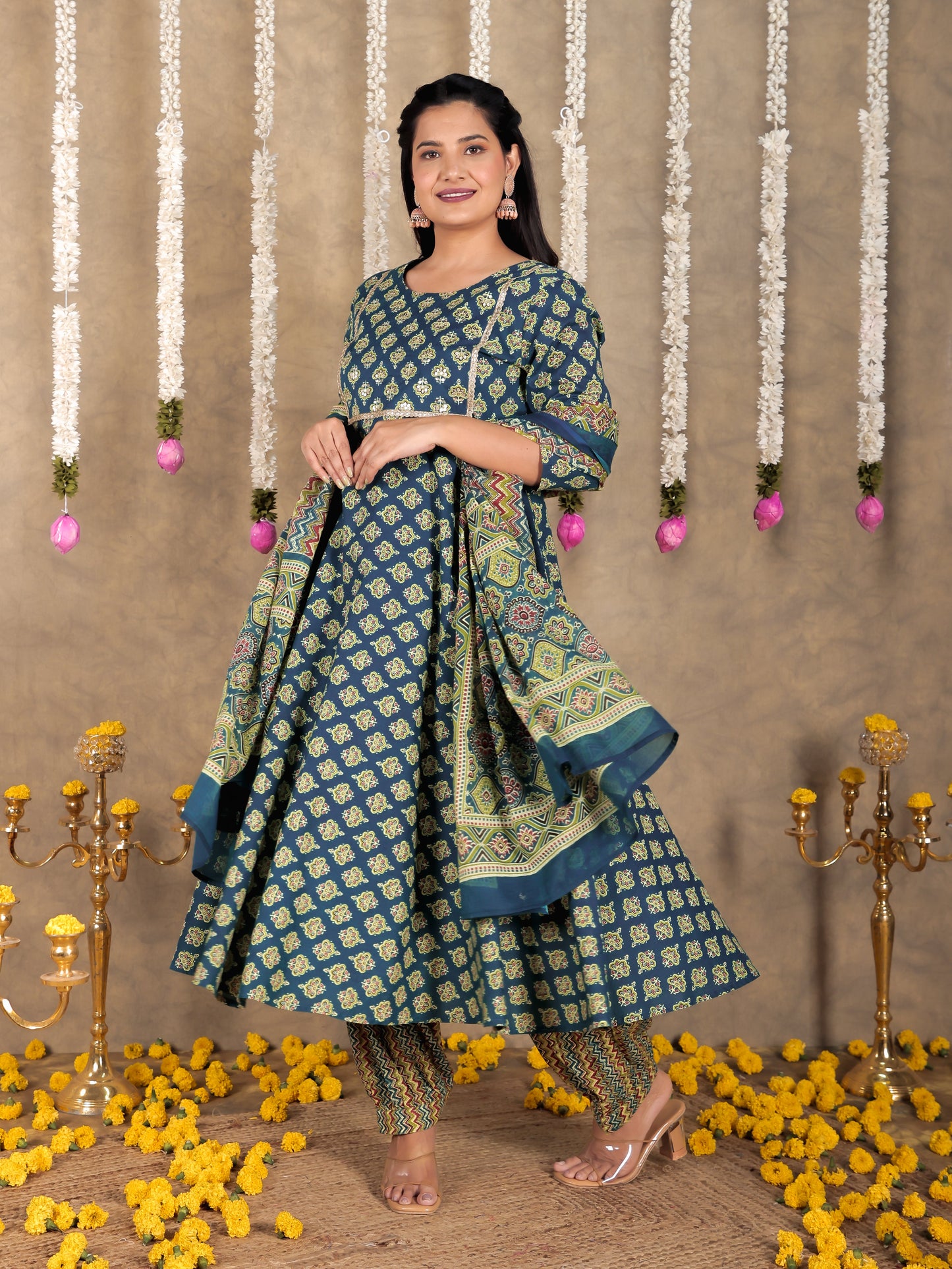 Embroidered Soft Cotton Butti Anarkali Green Kurta
