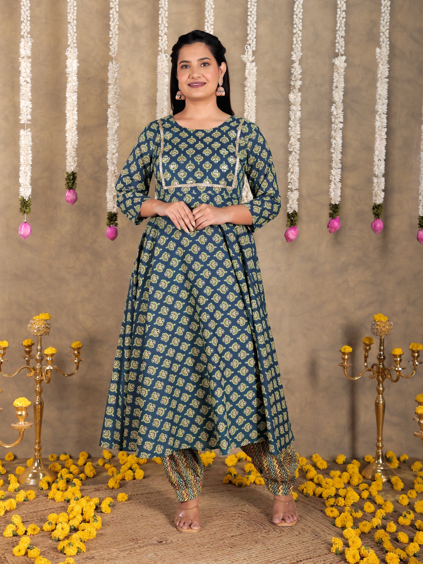 Embroidered Soft Cotton Butti Anarkali Green Kurta