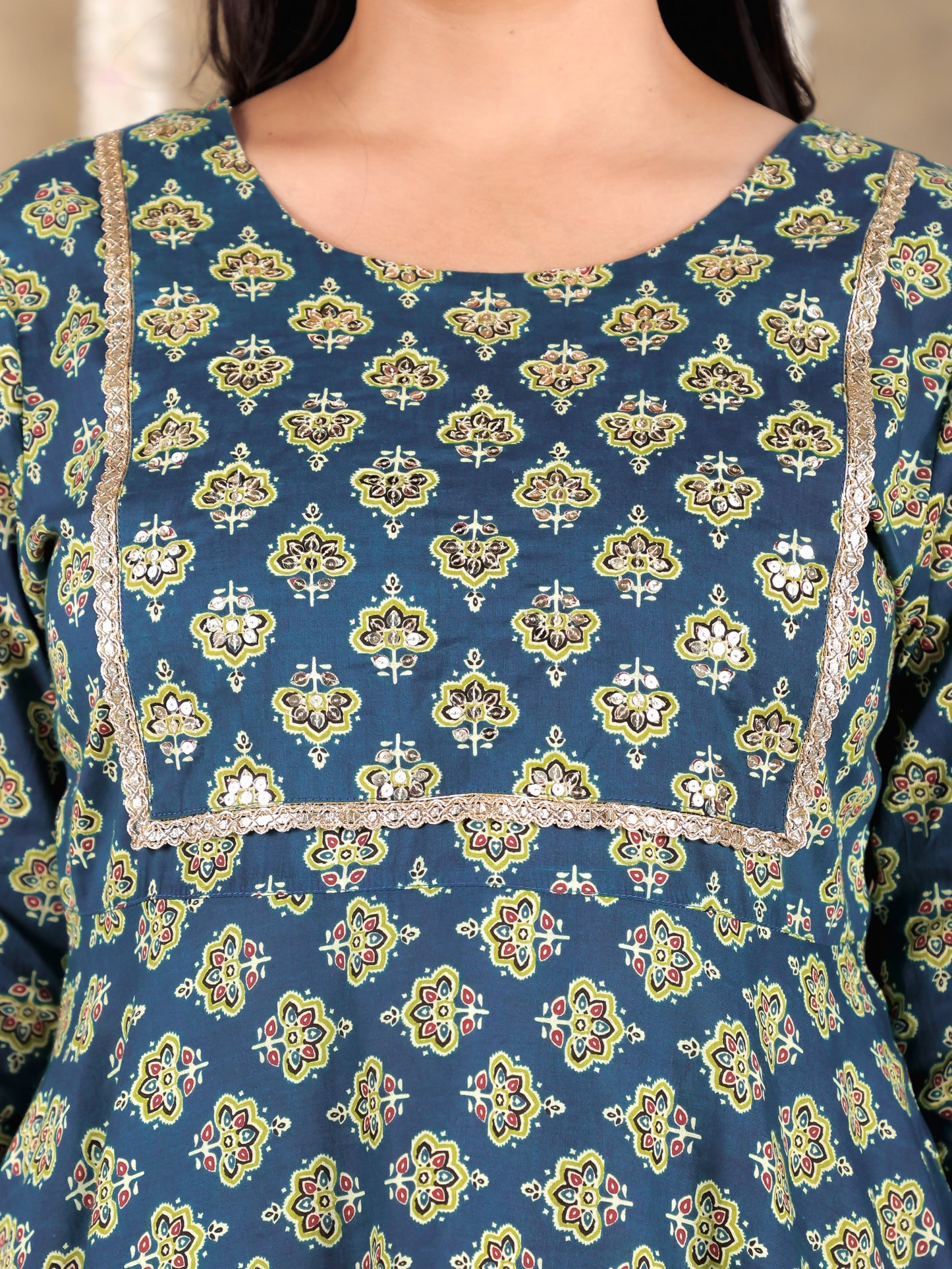Embroidered Soft Cotton Butti Anarkali Green Kurta