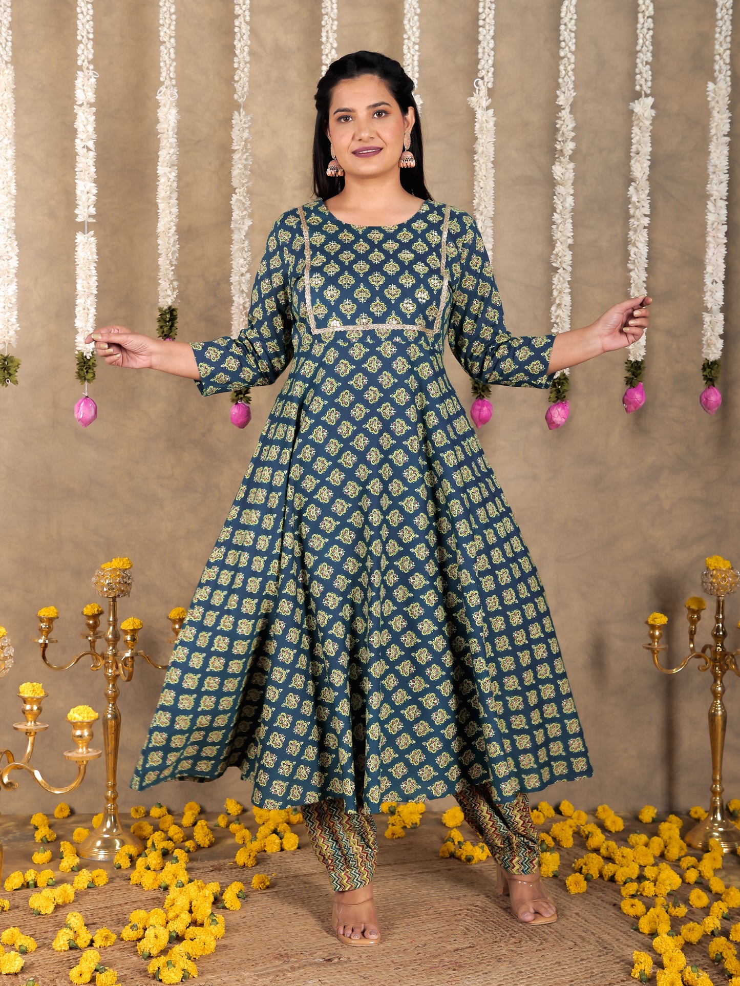 Embroidered Soft Cotton Butti Anarkali Green Kurta