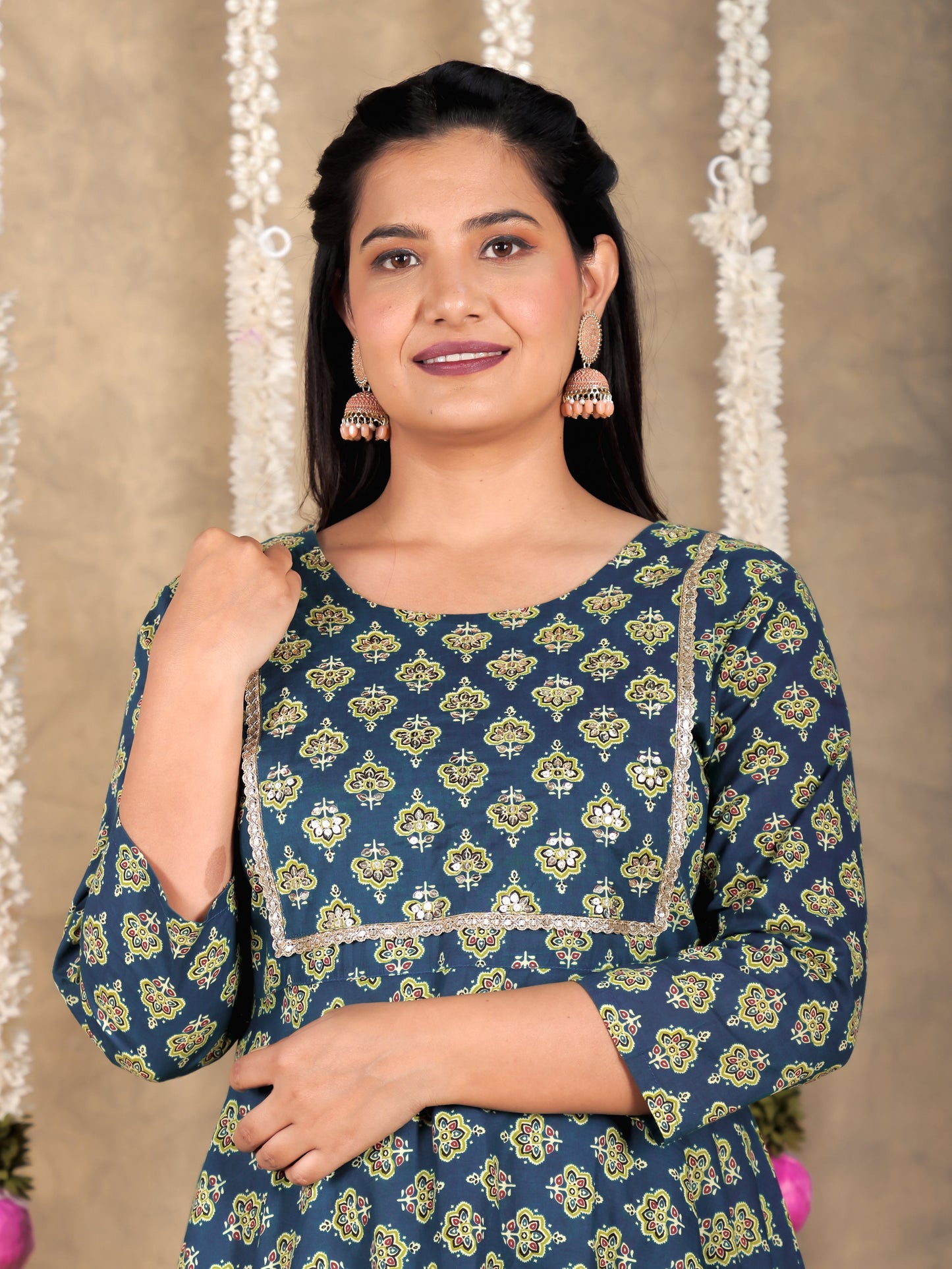 Embroidered Soft Cotton Butti Anarkali Green Kurta