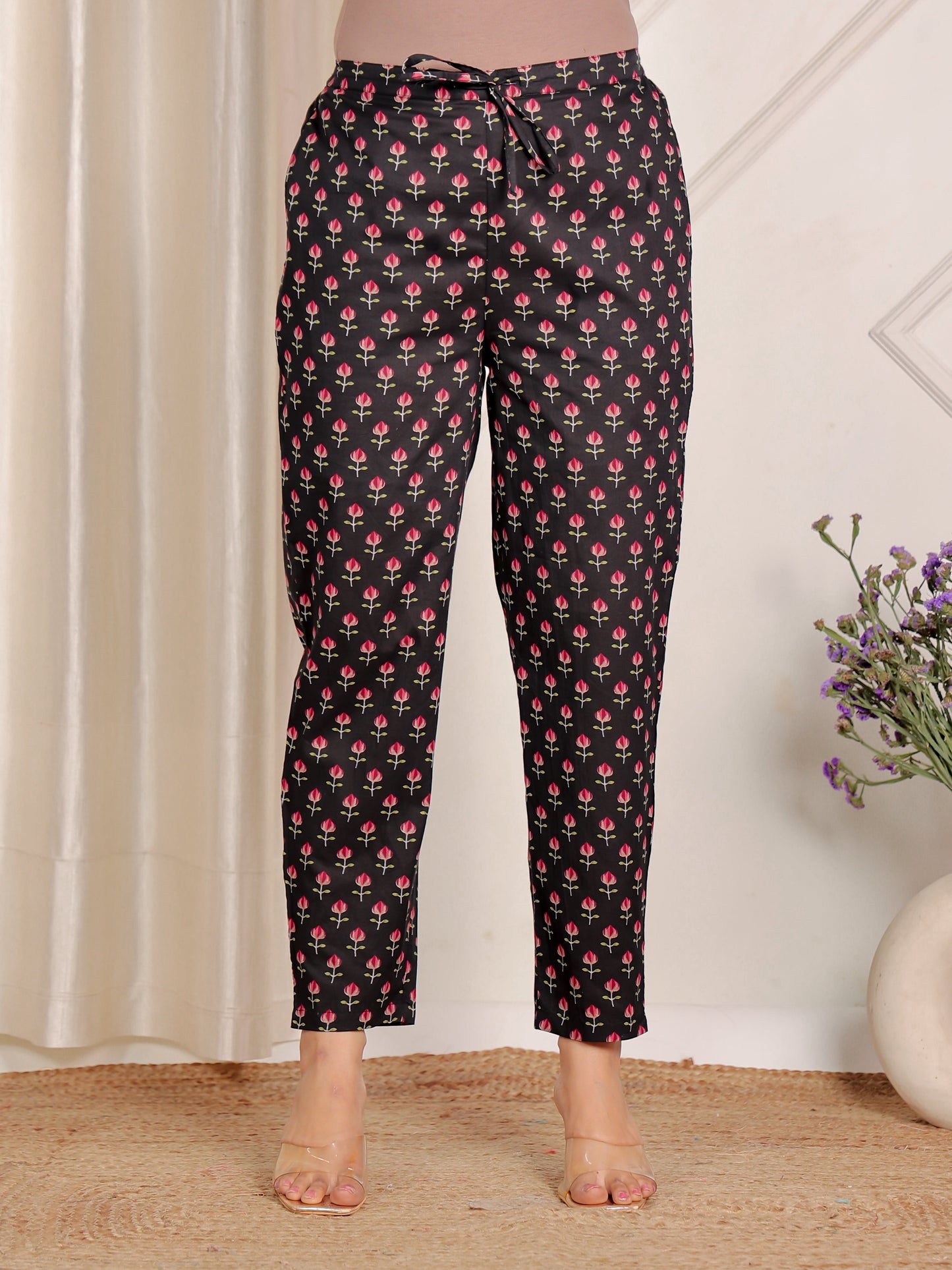 Soft Cotton Floral Black Tapered Trousers