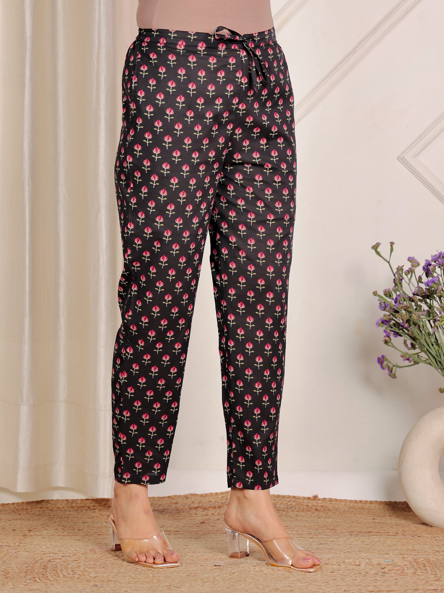 Soft Cotton Floral Black Tapered Trousers