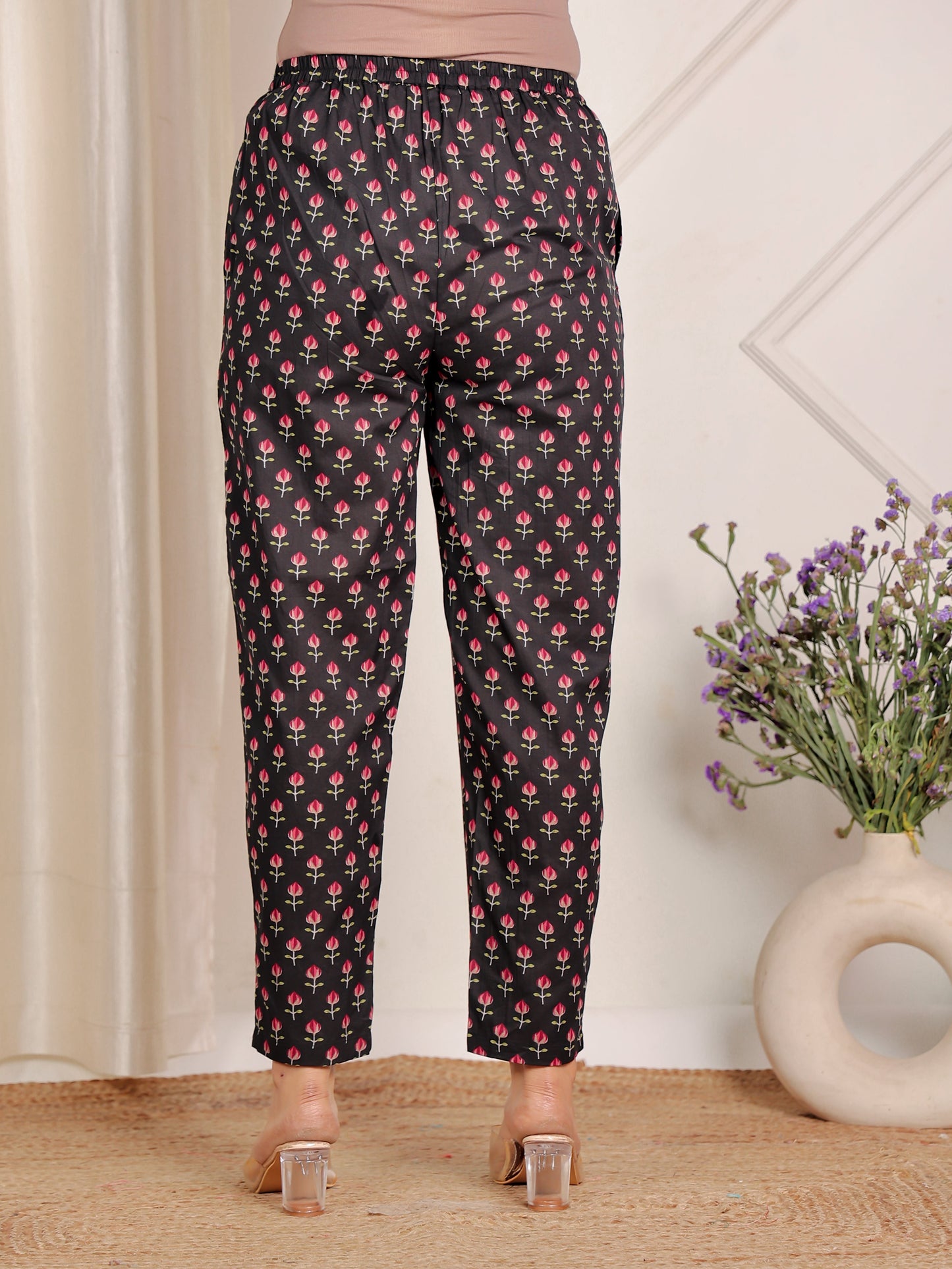 Soft Cotton Floral Black Tapered Trousers