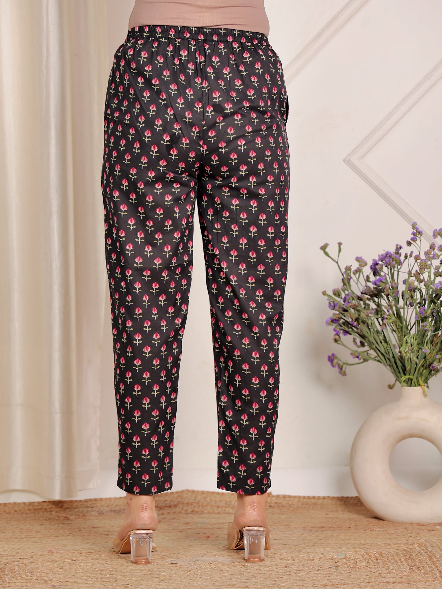 Soft Cotton Floral Black Tapered Trousers