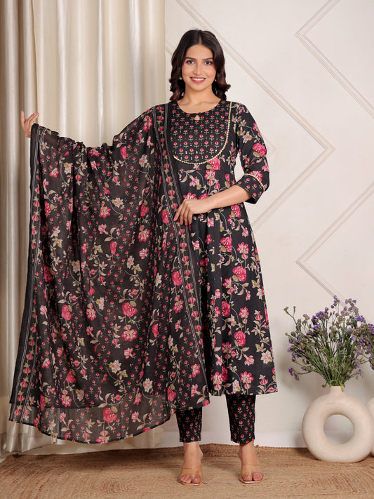 Cotton Voile Floral Black Dupatta