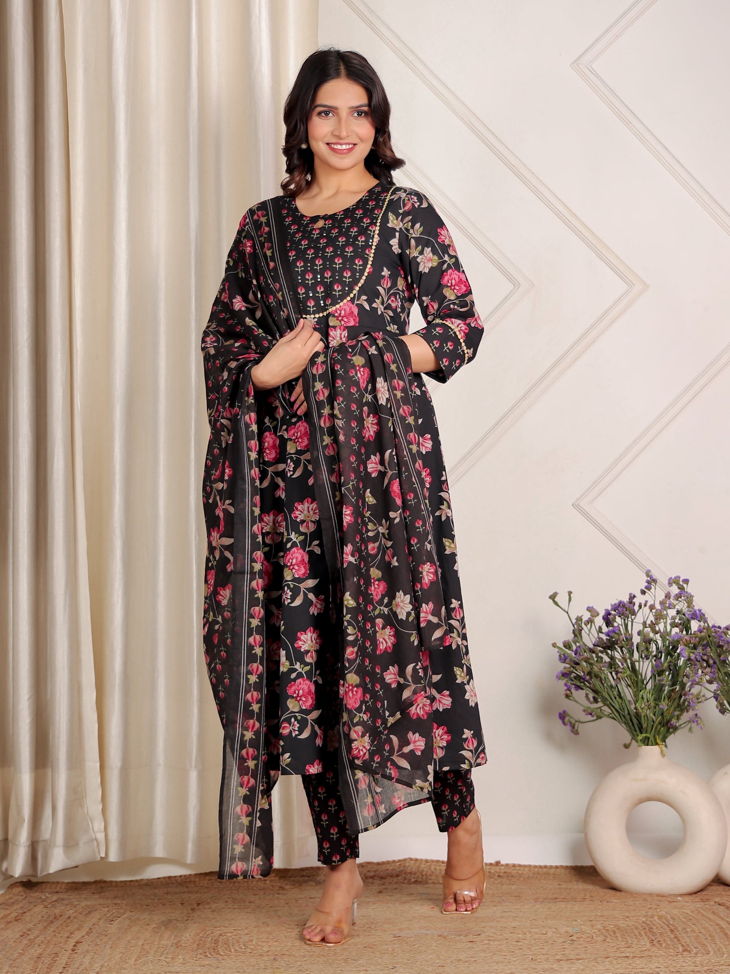 Cotton Voile Floral Black Dupatta
