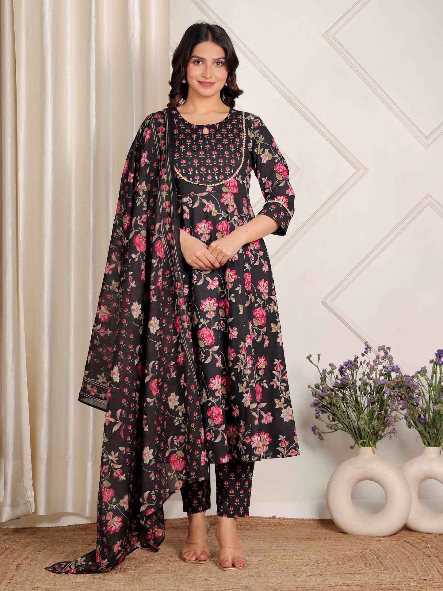 Cotton Voile Floral Black Dupatta