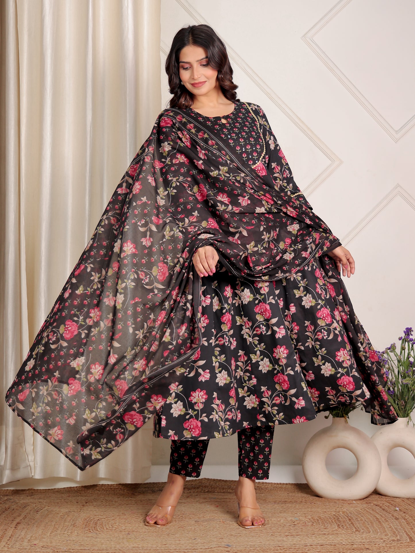 Embroidered Soft Cotton Floral Anarkali Black Kurta