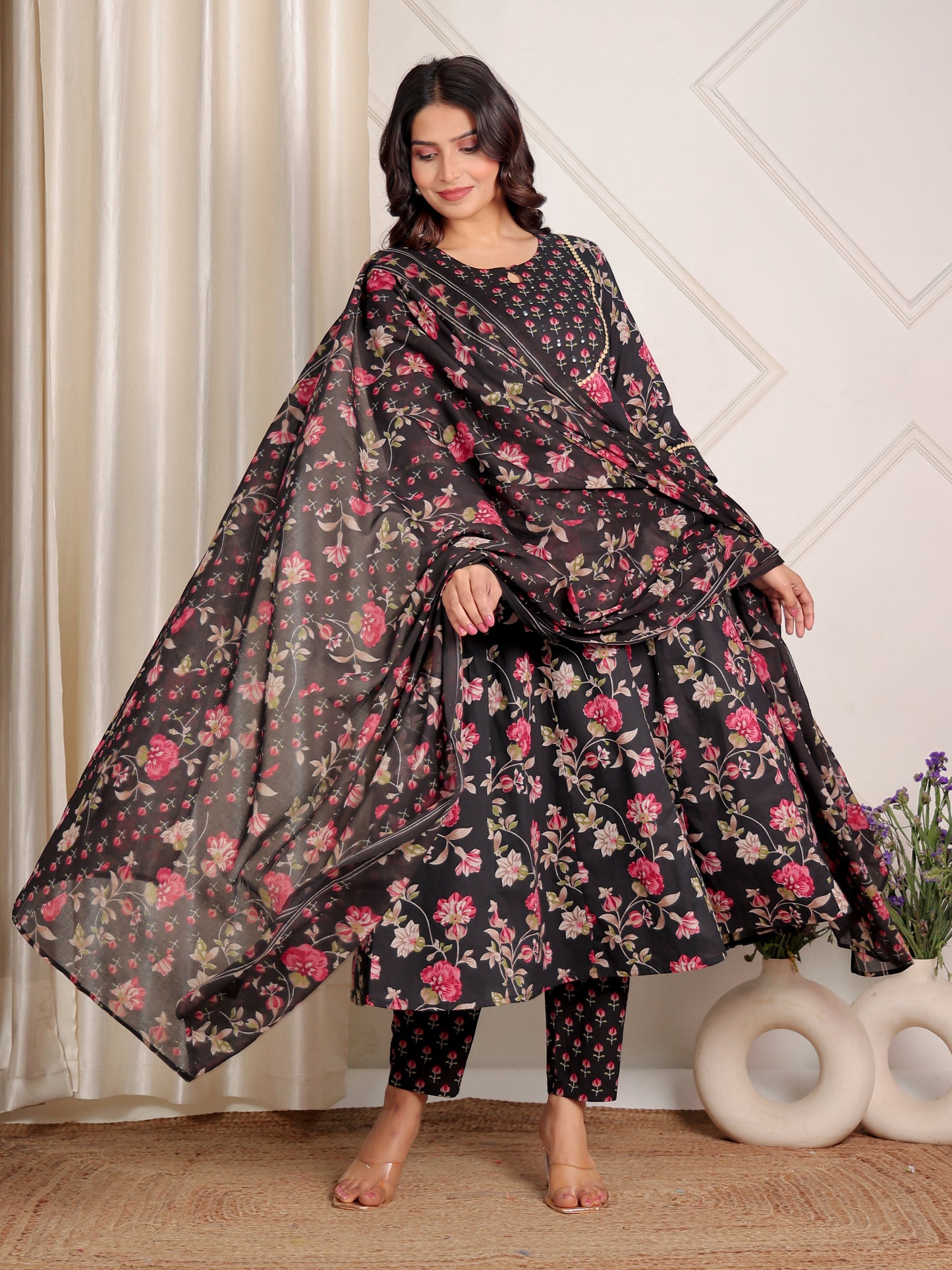Embroidered Soft Cotton Floral Anarkali Black Kurta