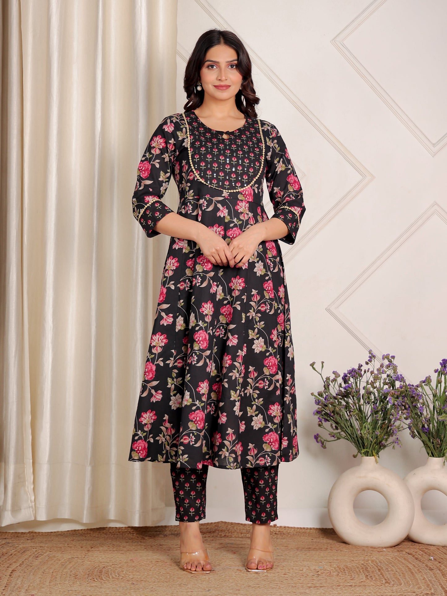 Embroidered Soft Cotton Floral Anarkali Black Kurta