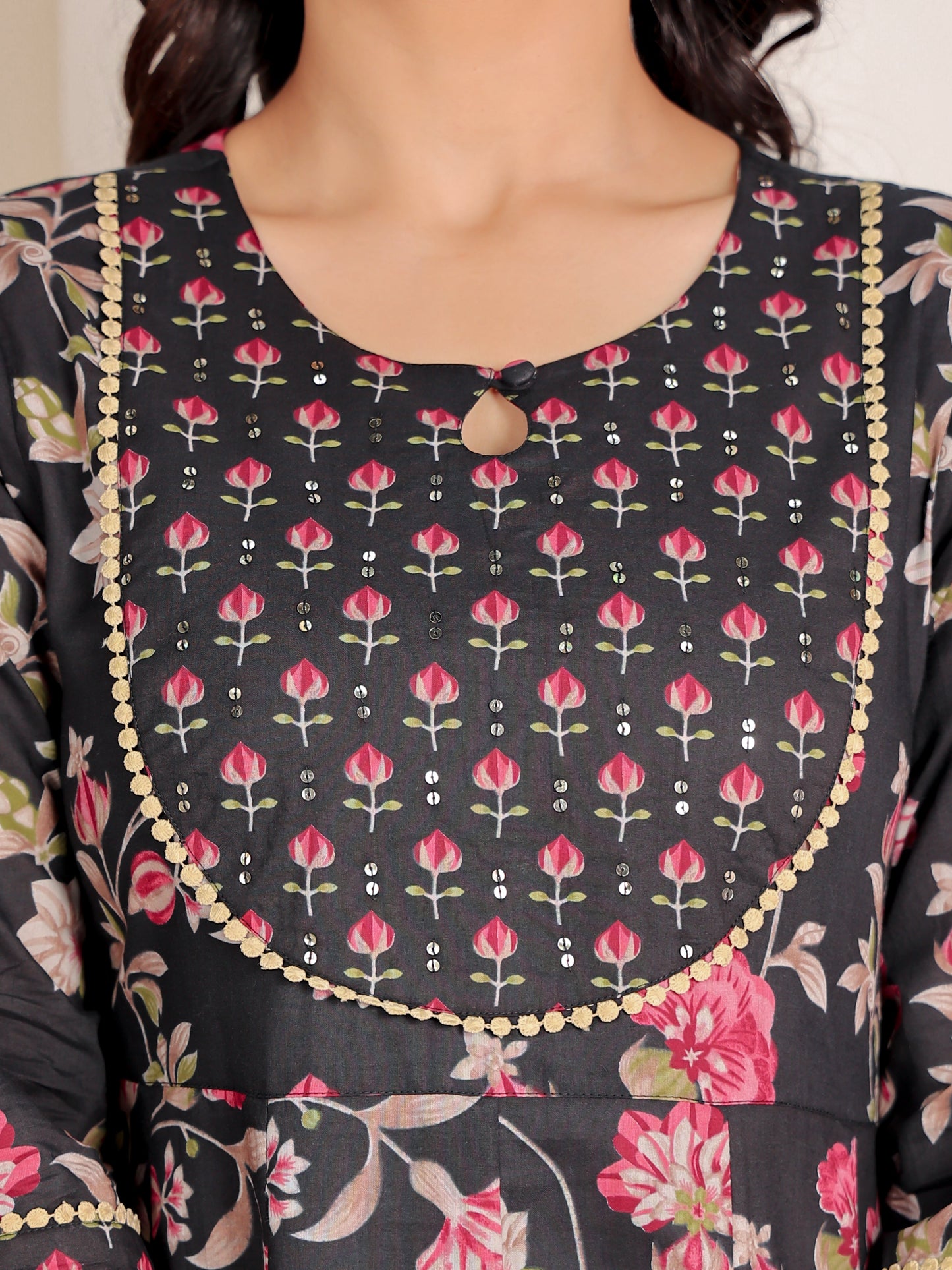 Embroidered Soft Cotton Floral Anarkali Black Kurta