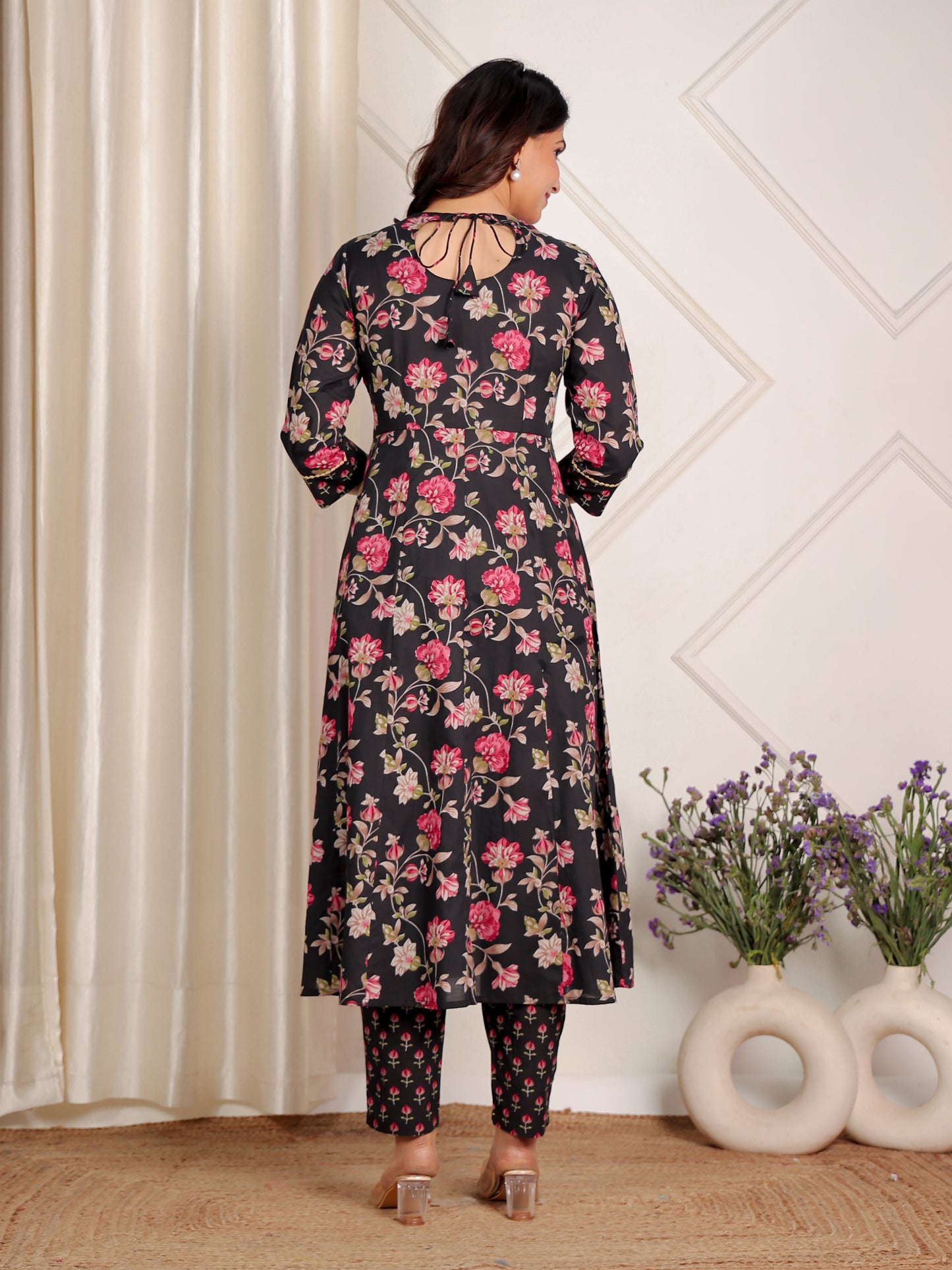 Embroidered Soft Cotton Floral Anarkali Black Kurta