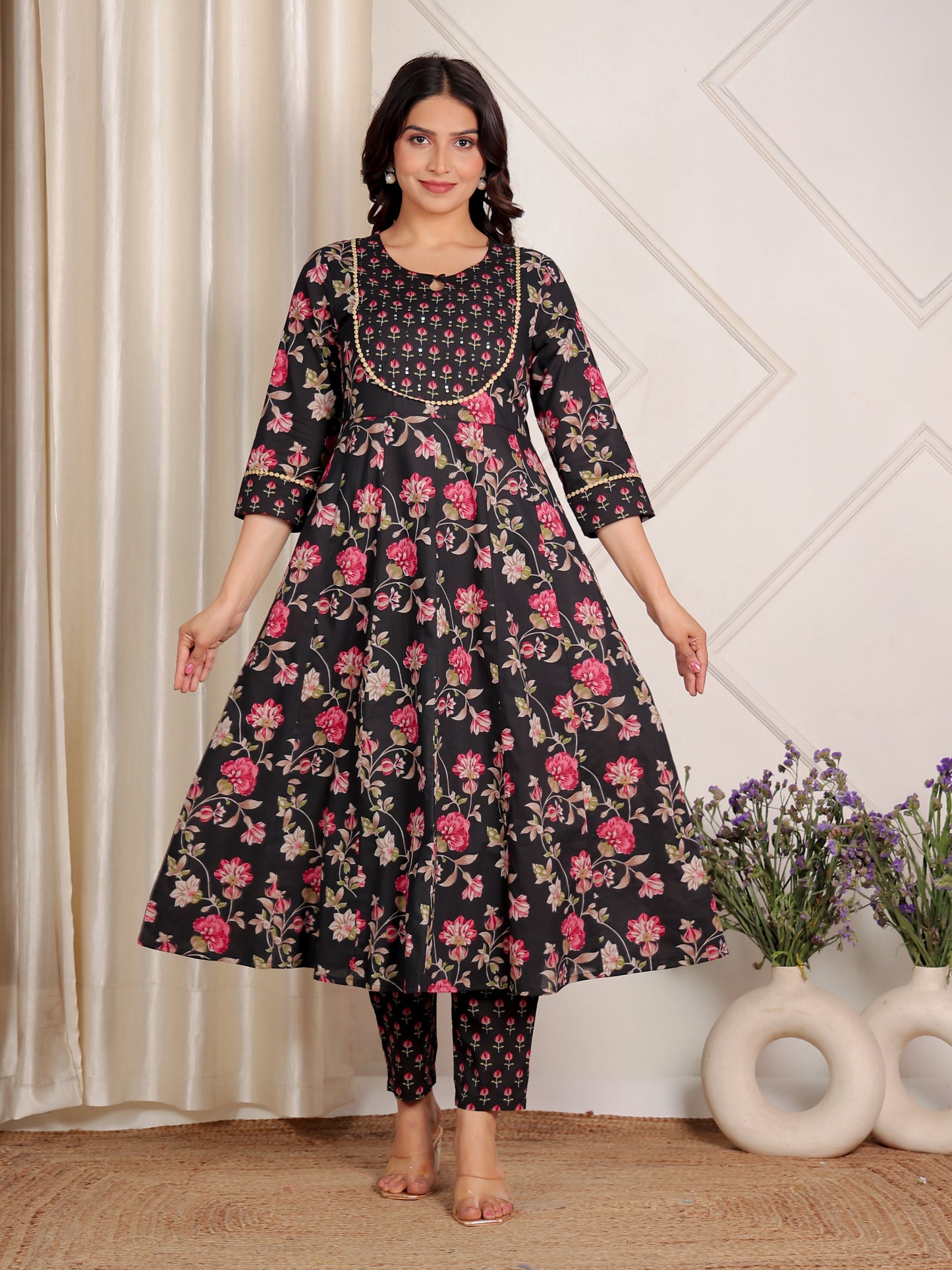 Embroidered Soft Cotton Floral Anarkali Black Kurta