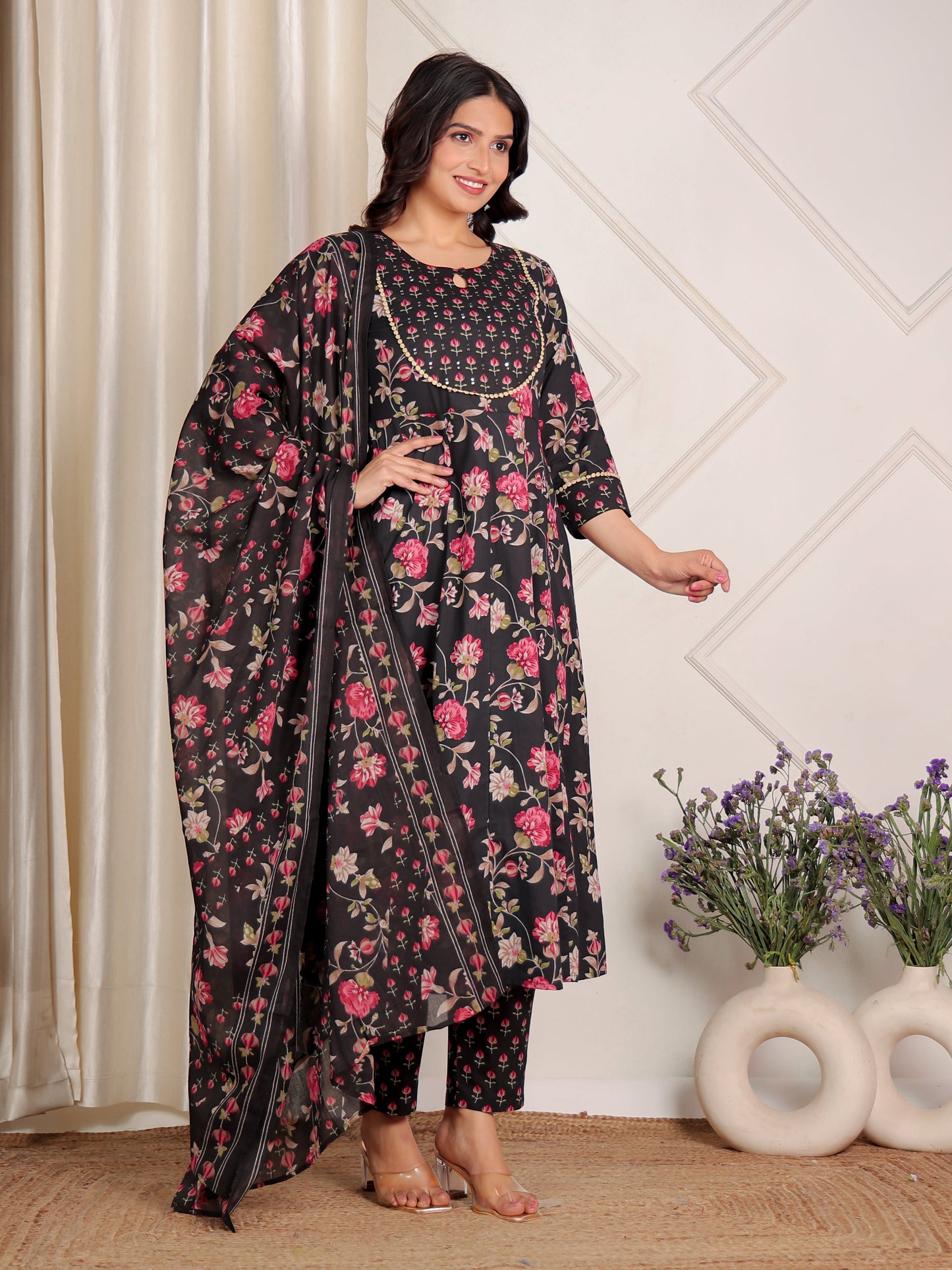 Embroidered Soft Cotton Floral Anarkali Black Kurta
