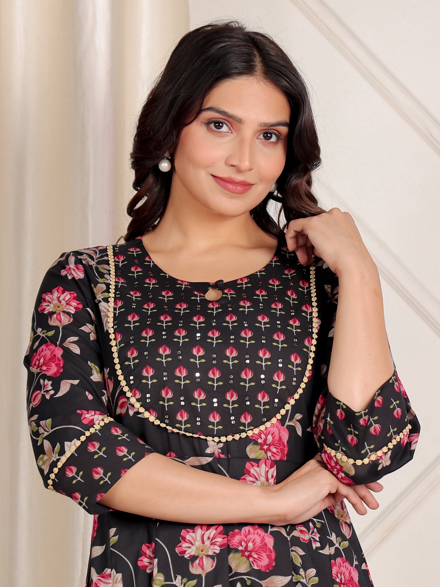 Embroidered Soft Cotton Floral Anarkali Black Kurta