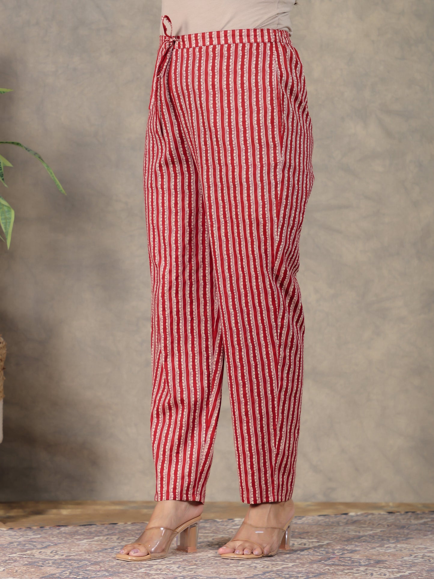 Soft Cotton Striped Maroon Tapered Trousers