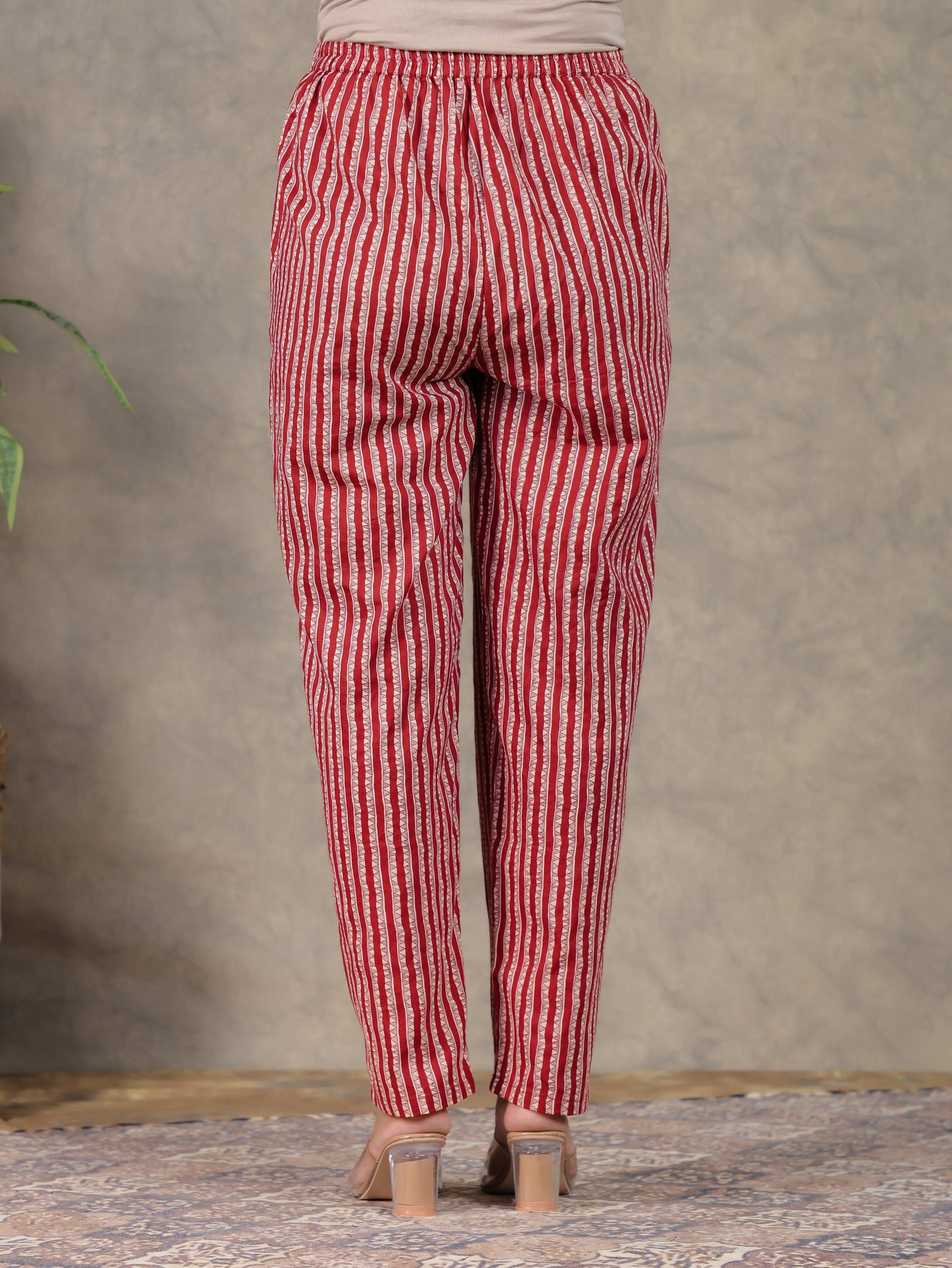Soft Cotton Striped Maroon Tapered Trousers