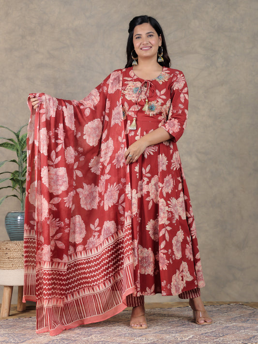 Cotton Voile Floral Maroon Dupatta