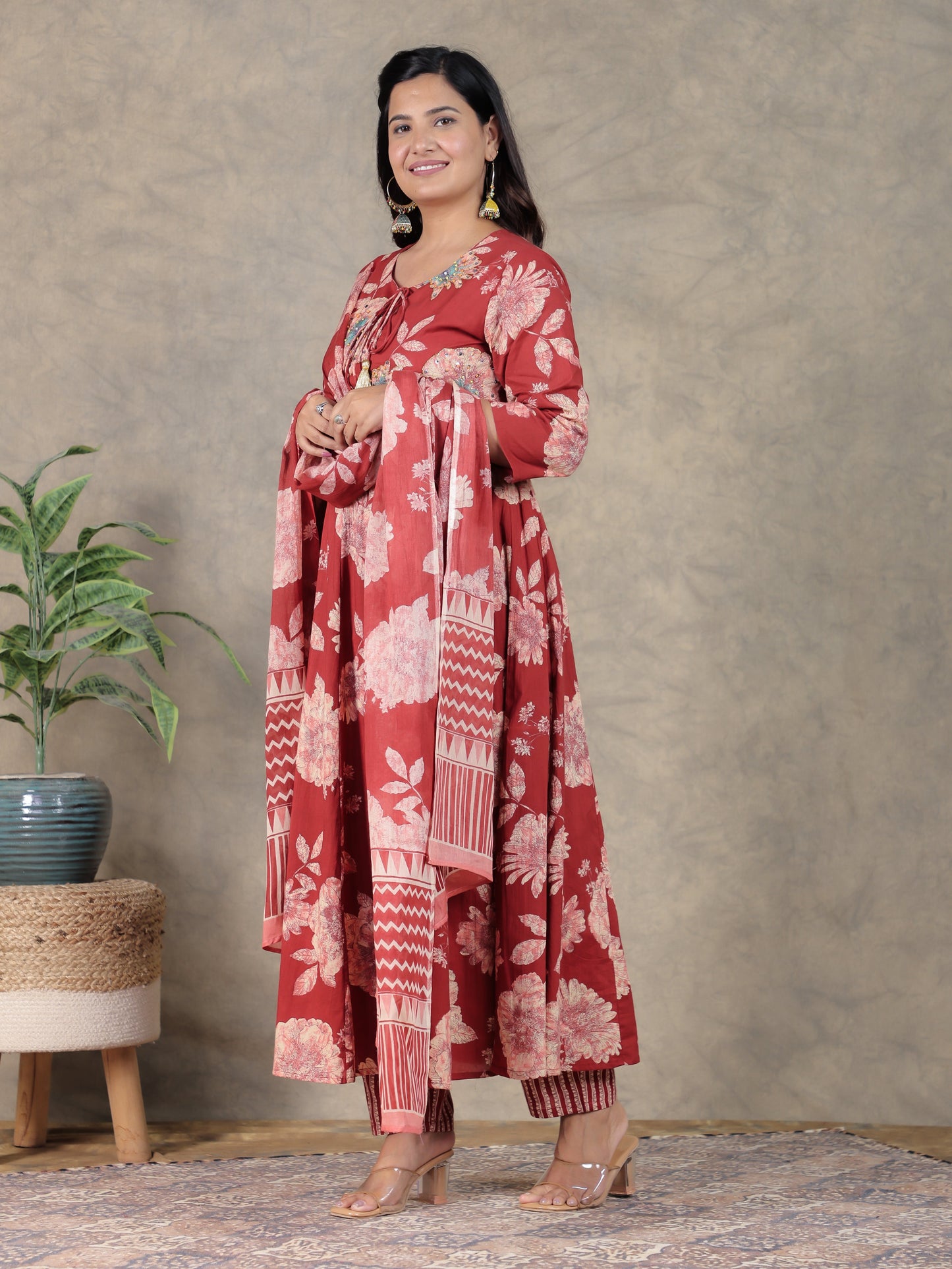 Cotton Voile Floral Maroon Dupatta