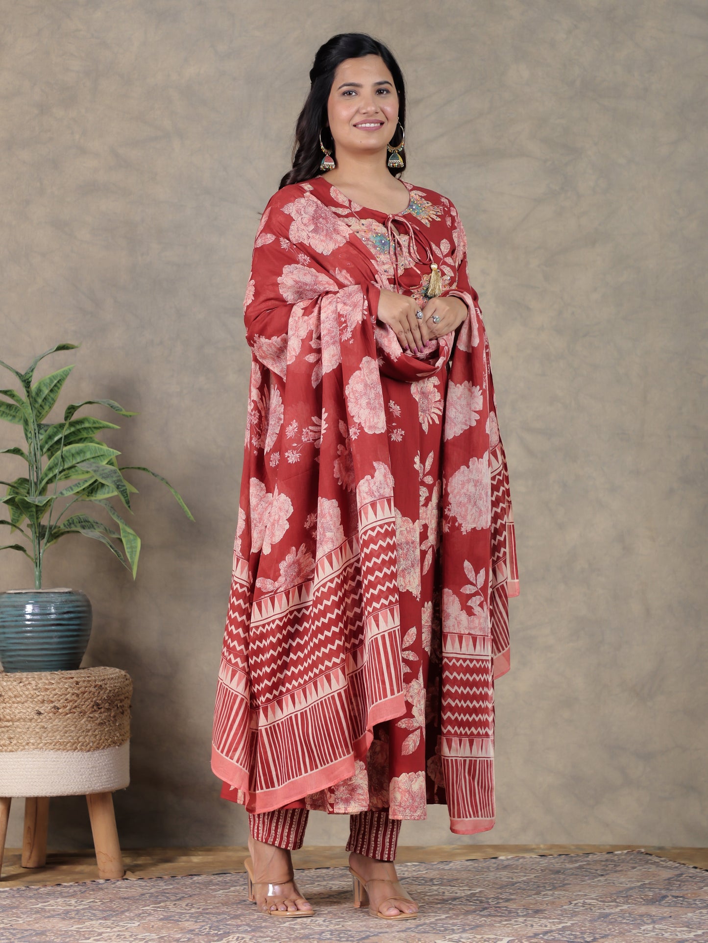 Cotton Voile Floral Maroon Dupatta