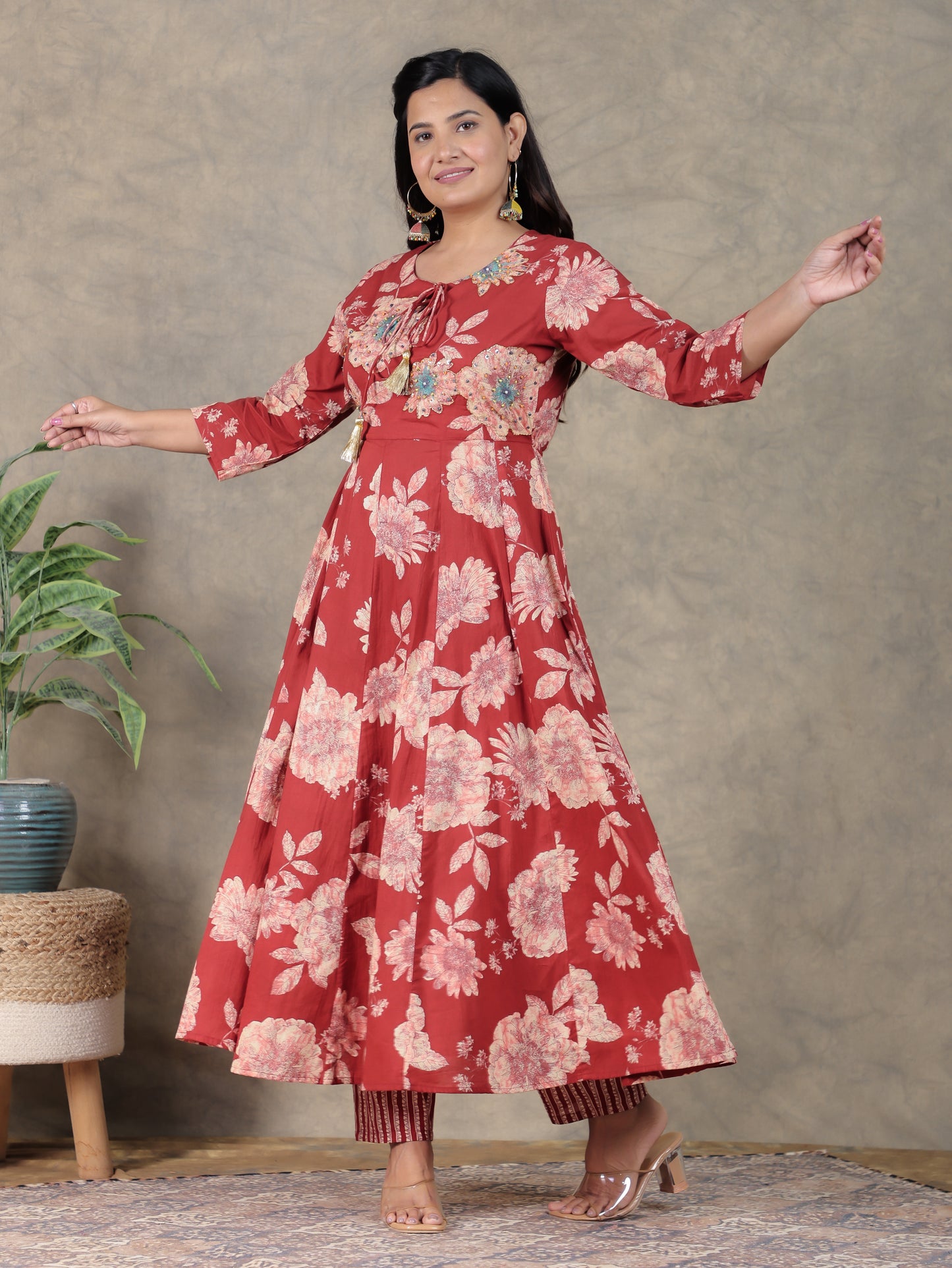 Embroidered Soft Cotton Floral Flared Maroon Kurta