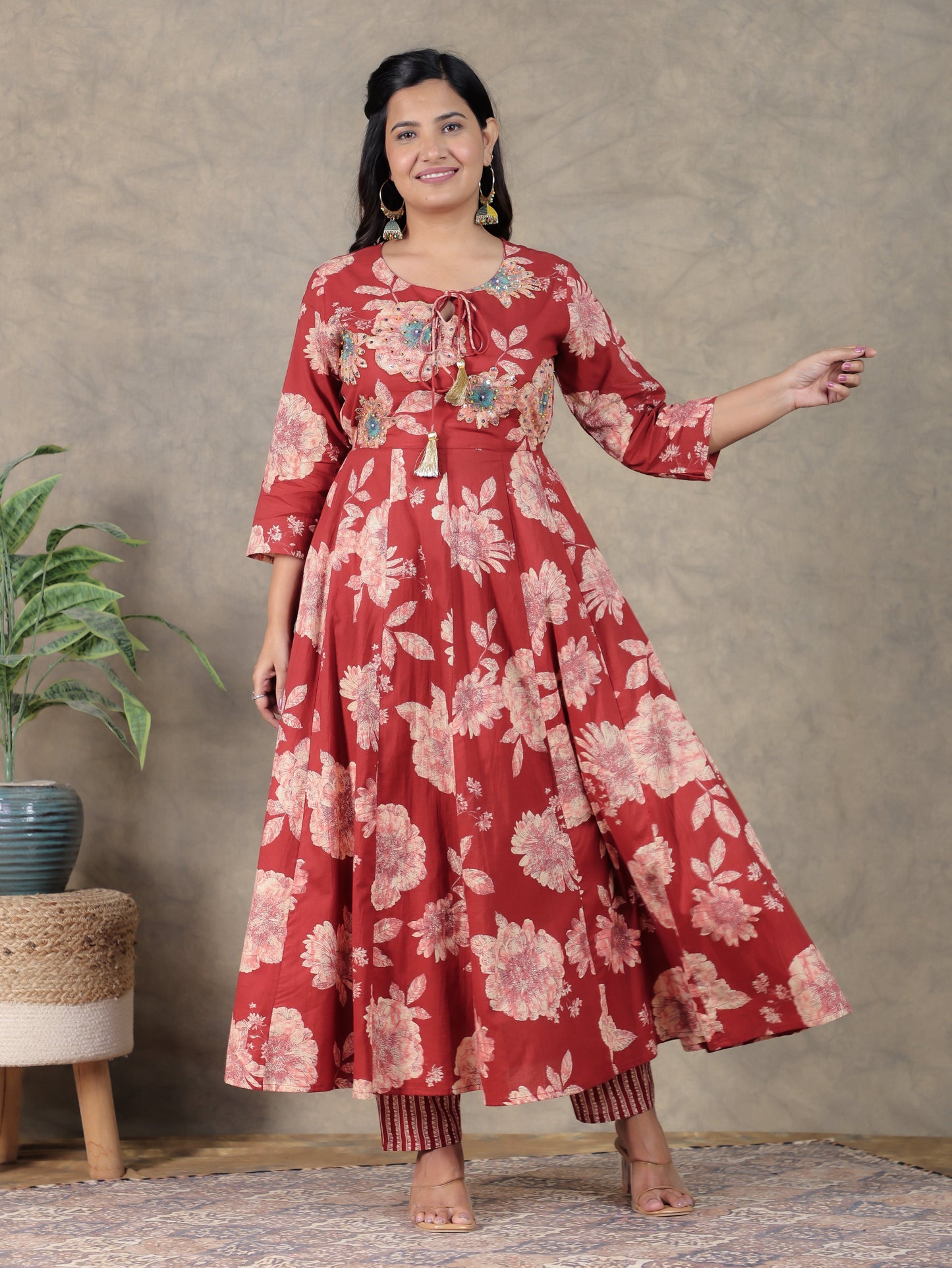 Embroidered Soft Cotton Floral Flared Maroon Kurta