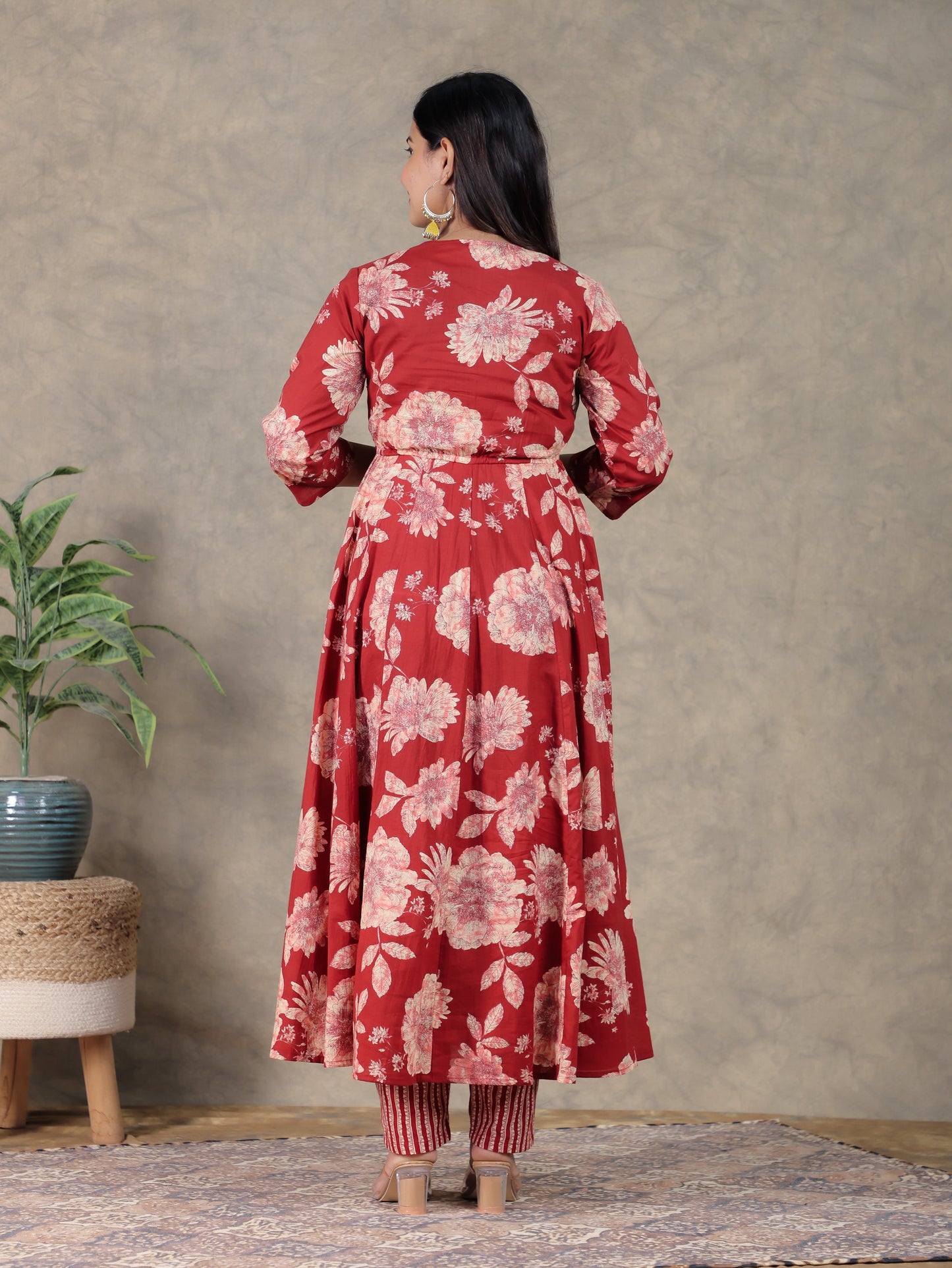 Embroidered Soft Cotton Floral Flared Maroon Kurta