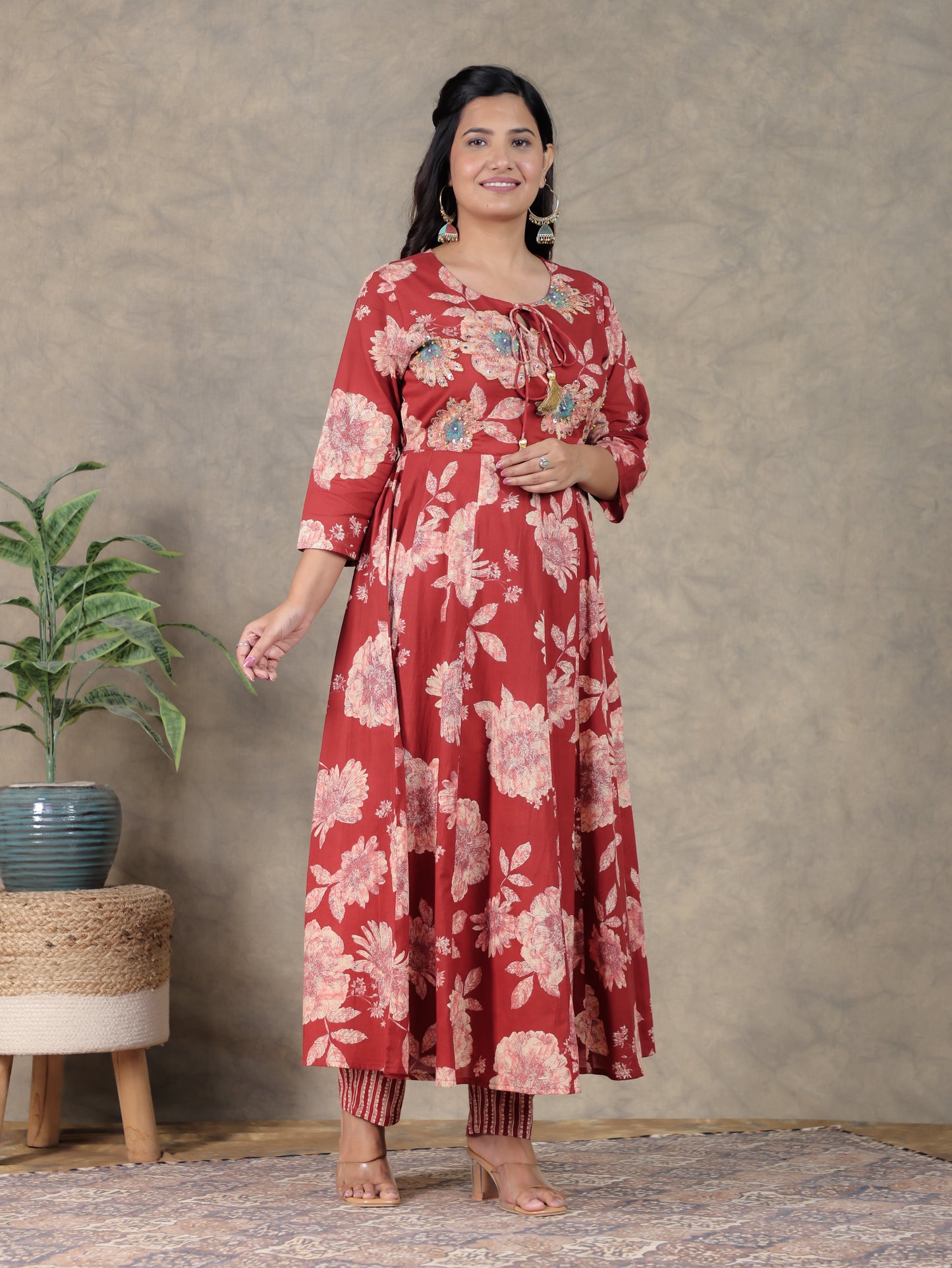 Embroidered Soft Cotton Floral Flared Maroon Kurta