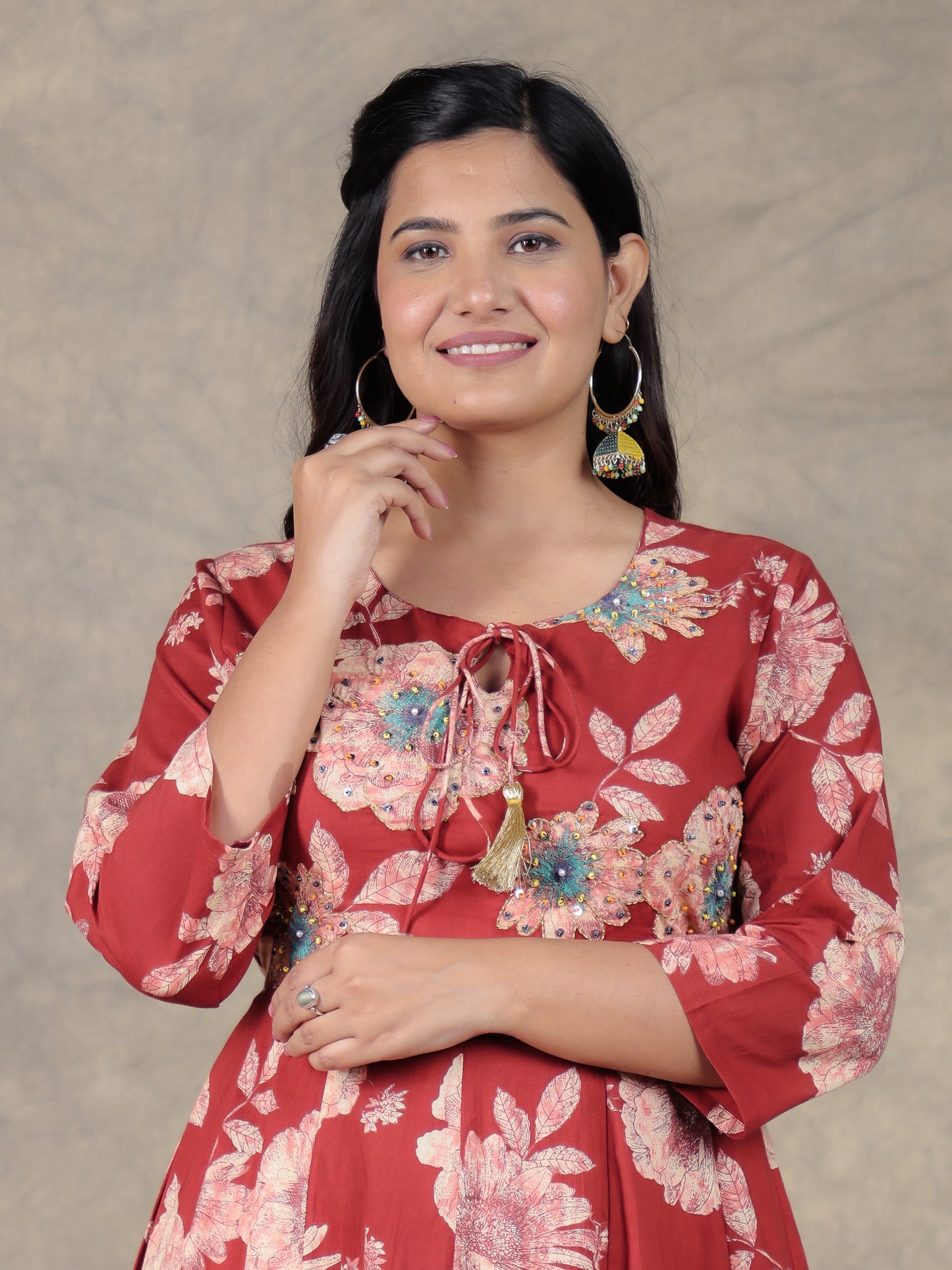 Embroidered Soft Cotton Floral Flared Maroon Kurta