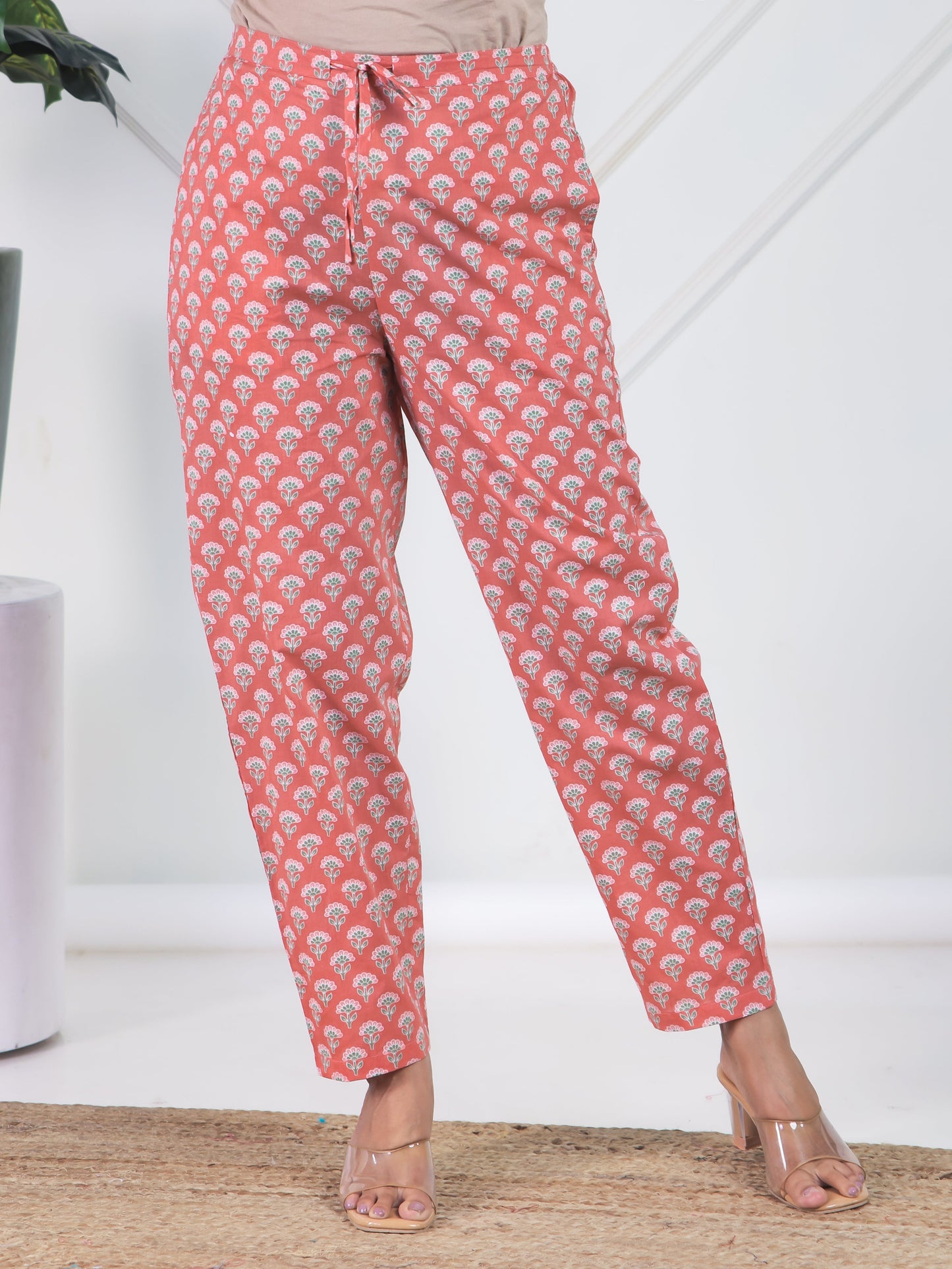Soft Cotton Floral Peach Tapered Trousers