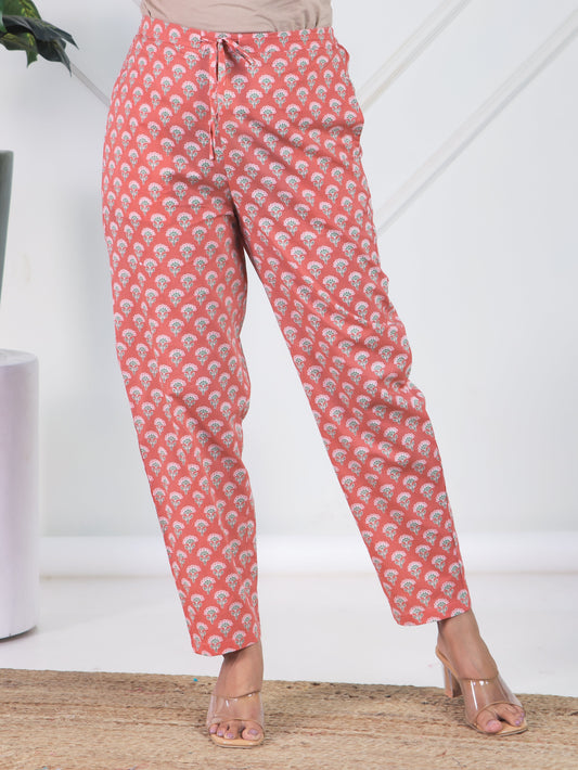 Soft Cotton Floral Peach Tapered Trousers