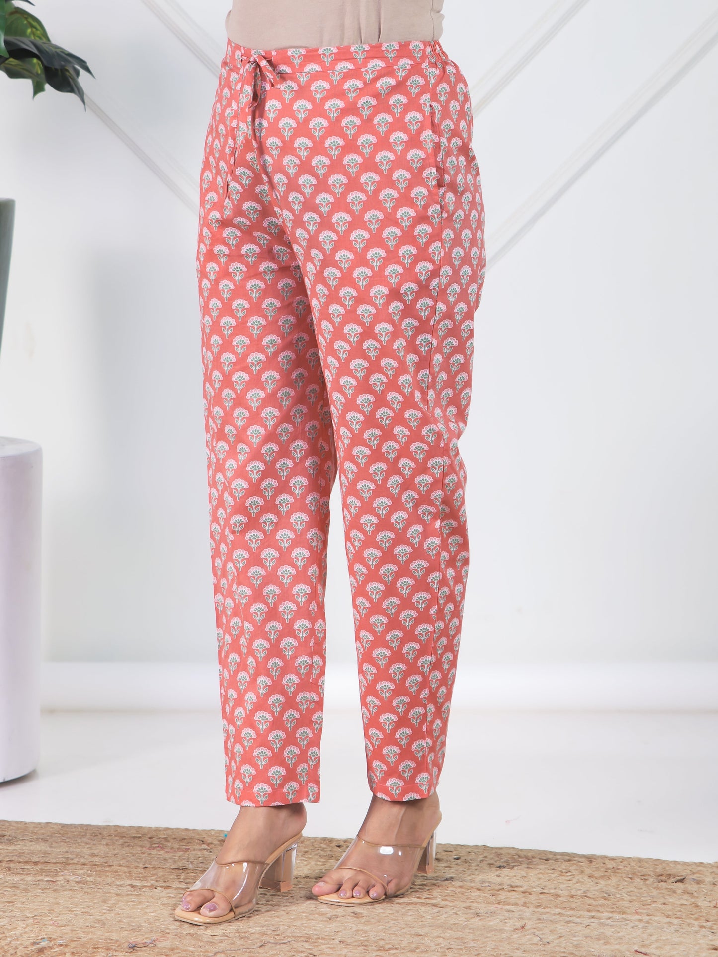 Soft Cotton Floral Peach Tapered Trousers