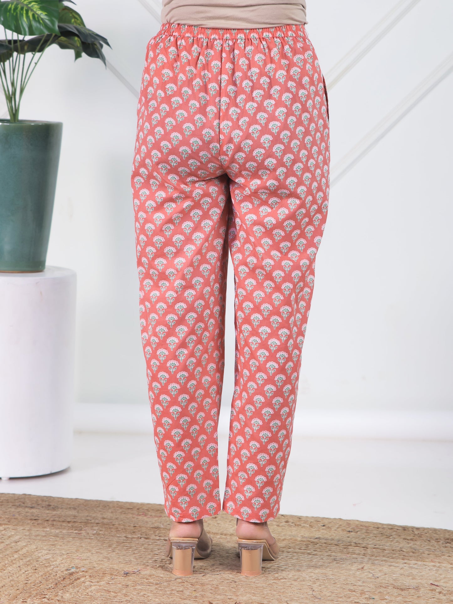 Soft Cotton Floral Peach Tapered Trousers