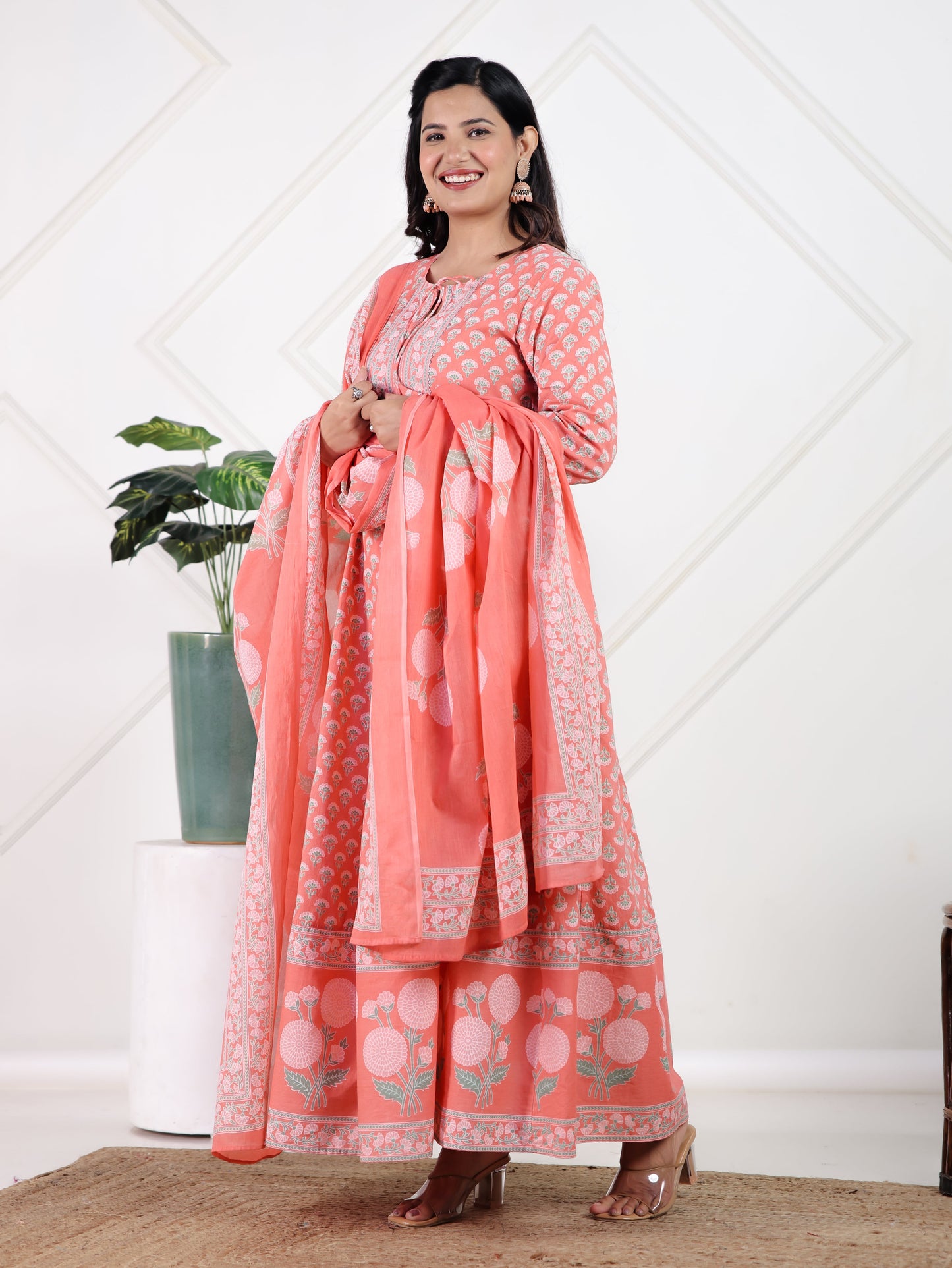Cotton Voile Floral Peach Dupatta