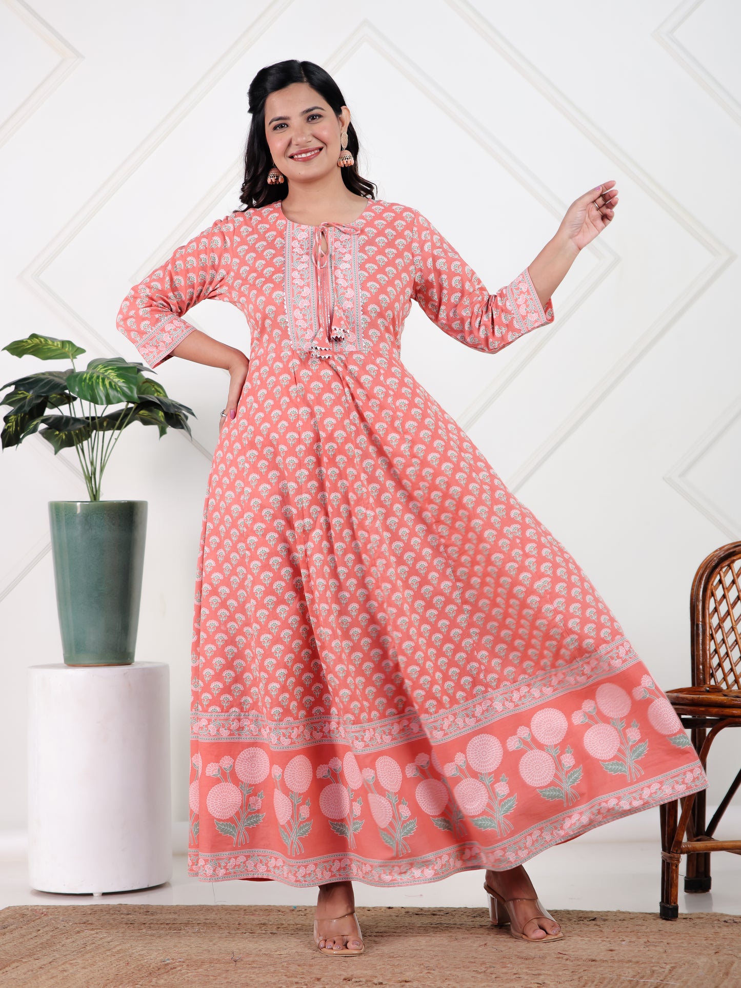 Soft Cotton Floral Flared Peach Kurta
