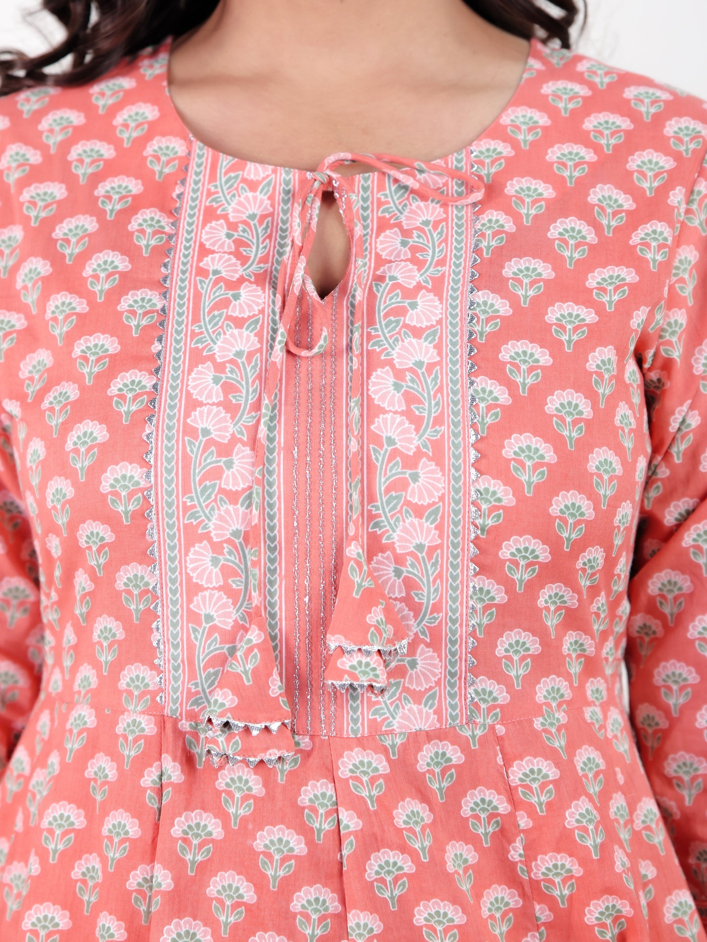 Soft Cotton Floral Flared Peach Kurta