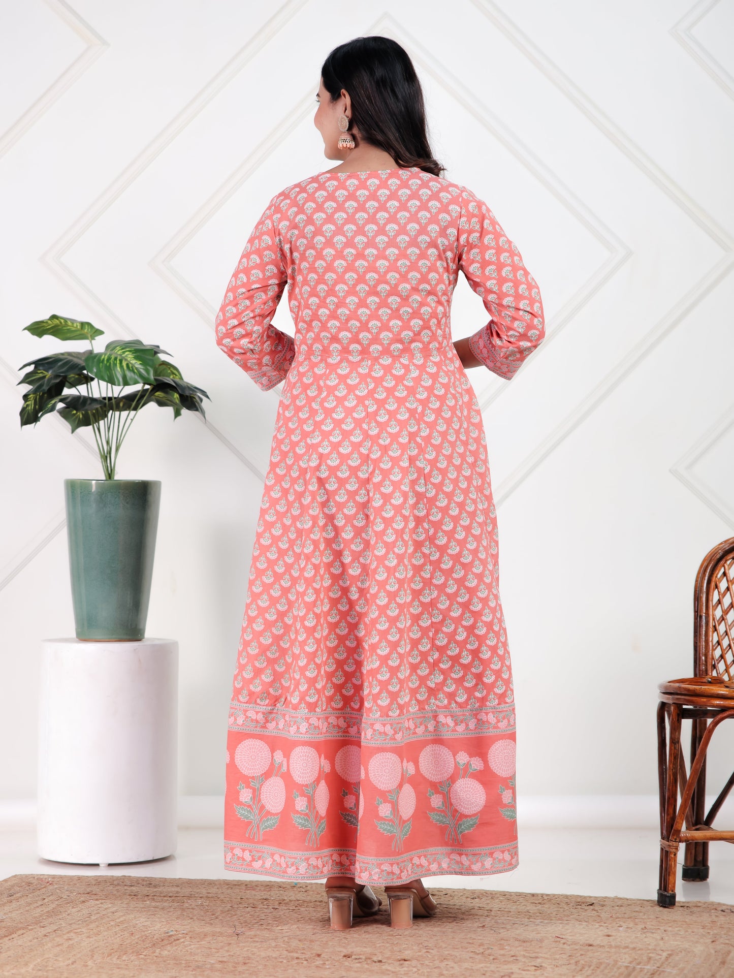 Soft Cotton Floral Flared Peach Kurta