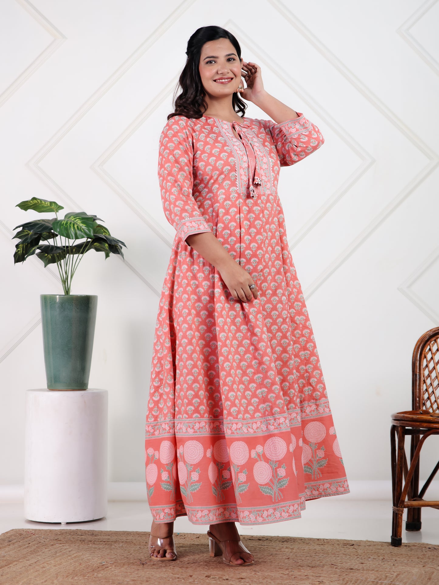Soft Cotton Floral Flared Peach Kurta