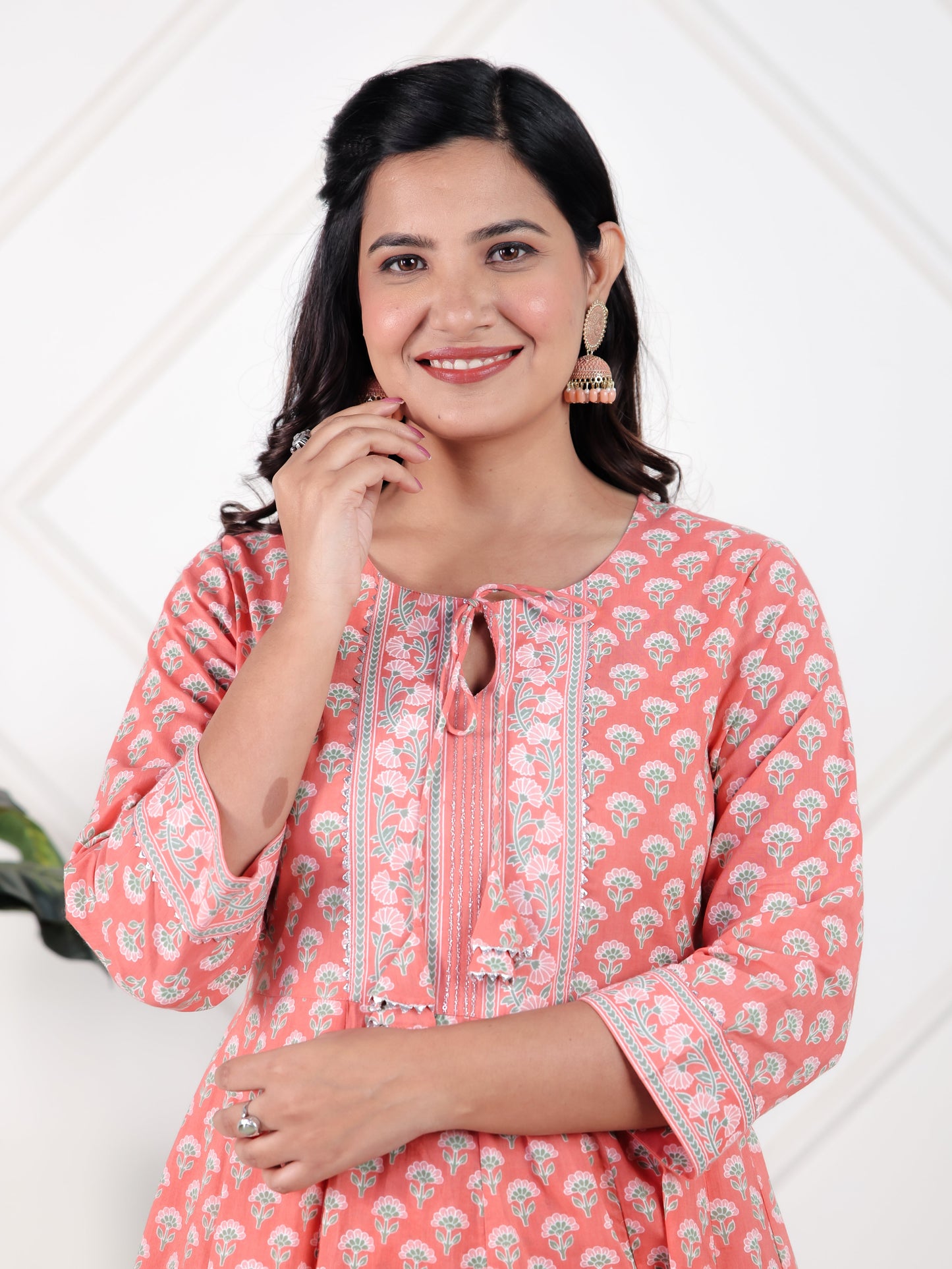 Soft Cotton Floral Flared Peach Kurta