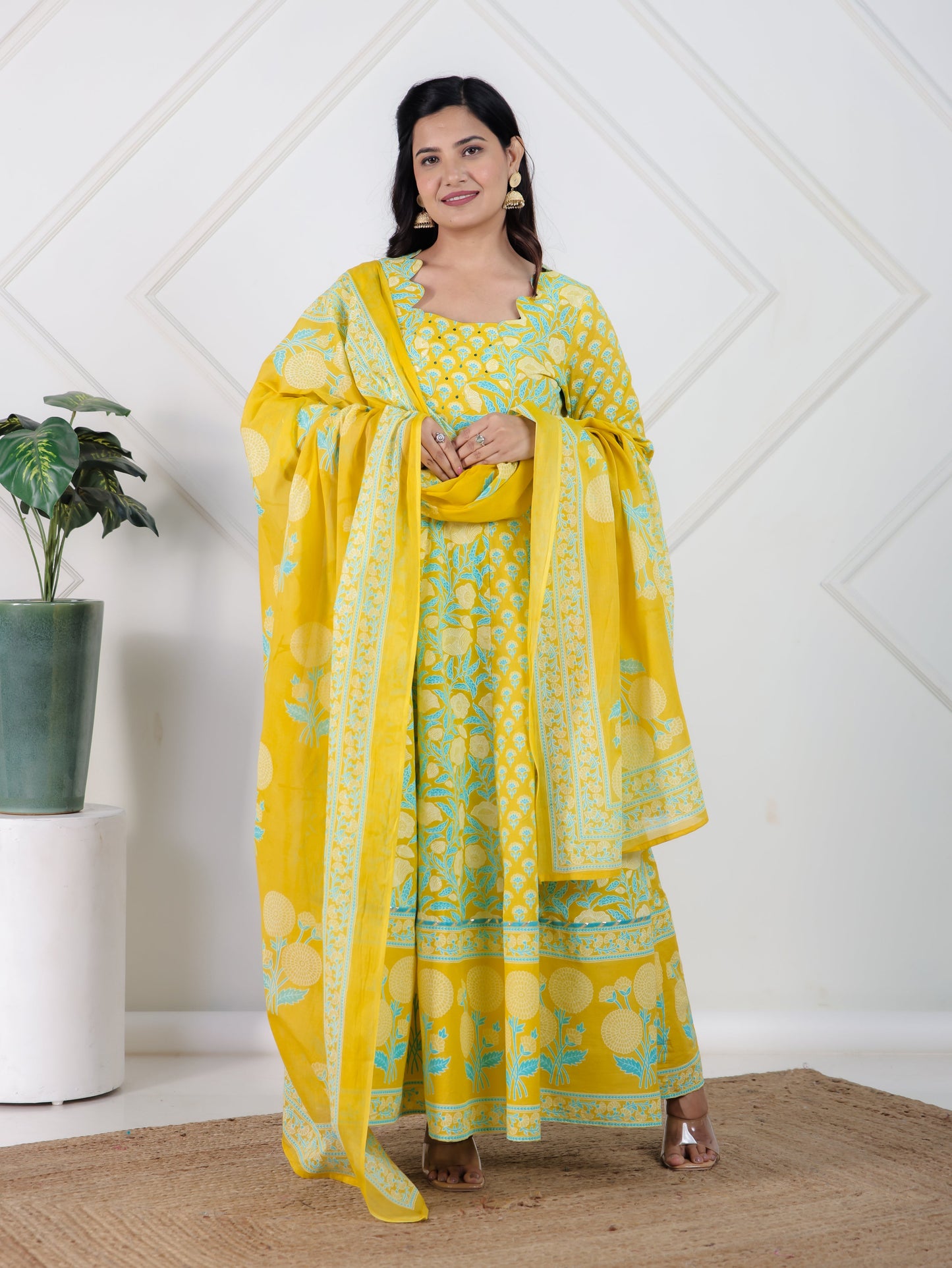 Cotton Voile Floral Lemon Yellow Dupatta