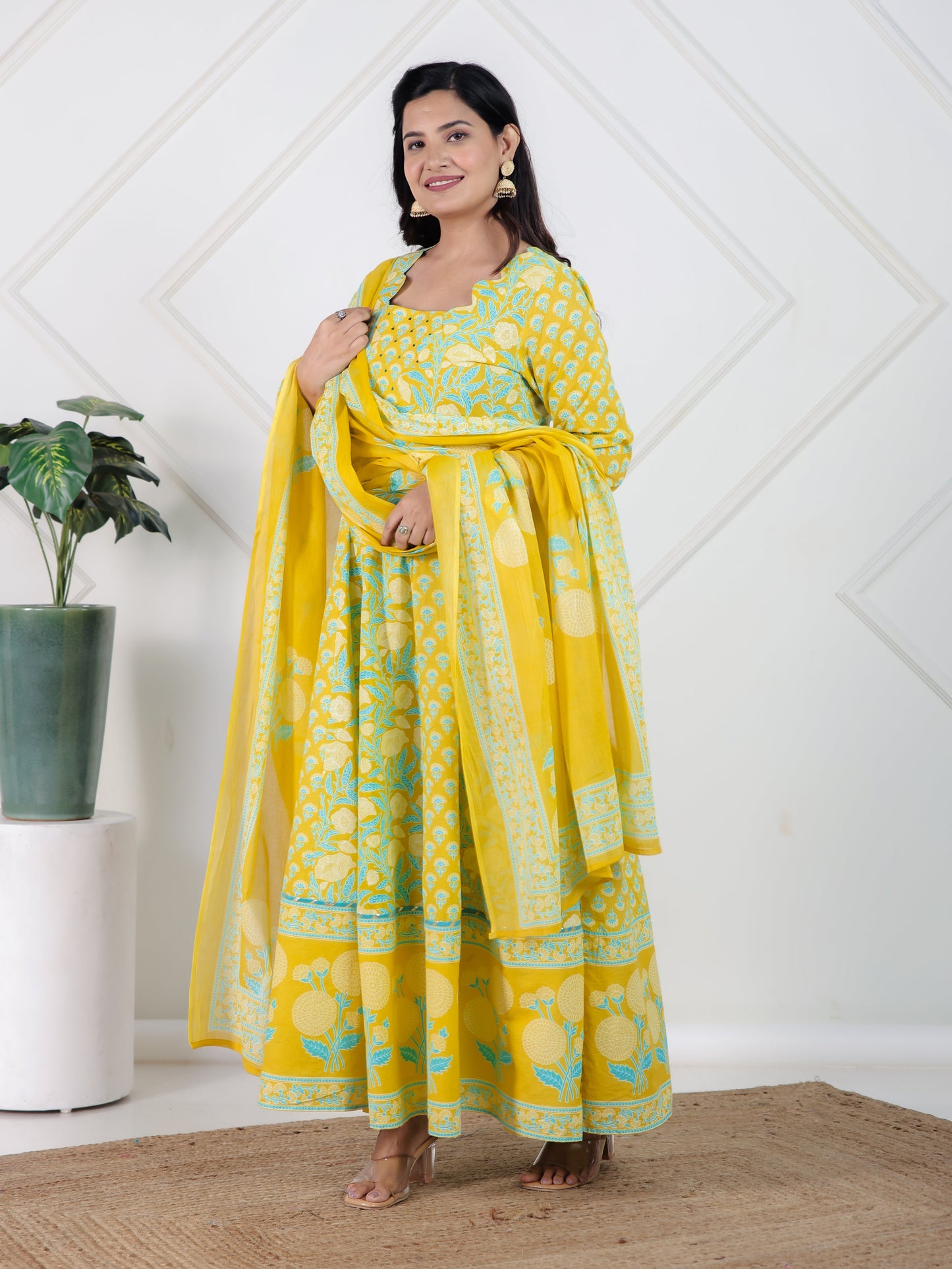 Embroidered Soft Cotton Floral Flared Lemon Yellow Kurta