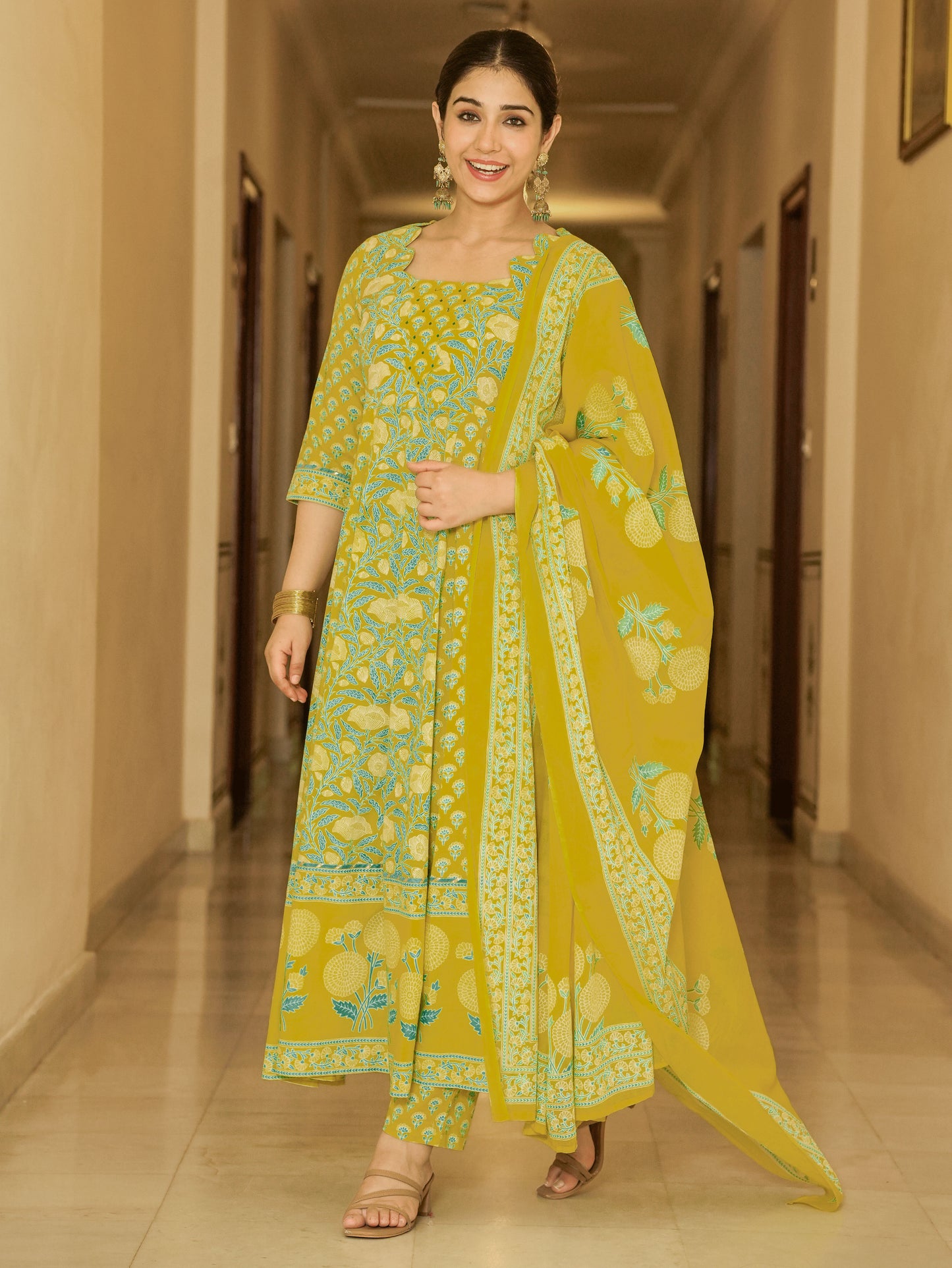 Cotton Voile Floral Lemon Yellow Dupatta