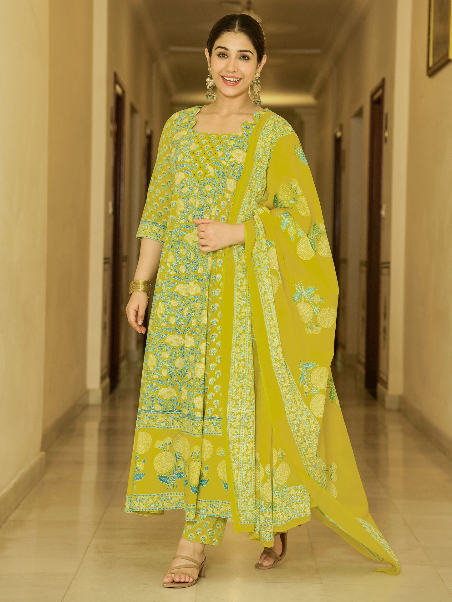 Embroidered Soft Cotton Floral Flared Lemon Yellow Kurta