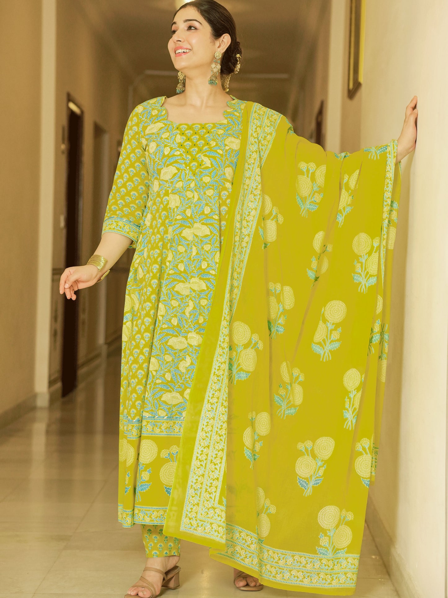 Embroidered Soft Cotton Floral Flared Lemon Yellow Kurta