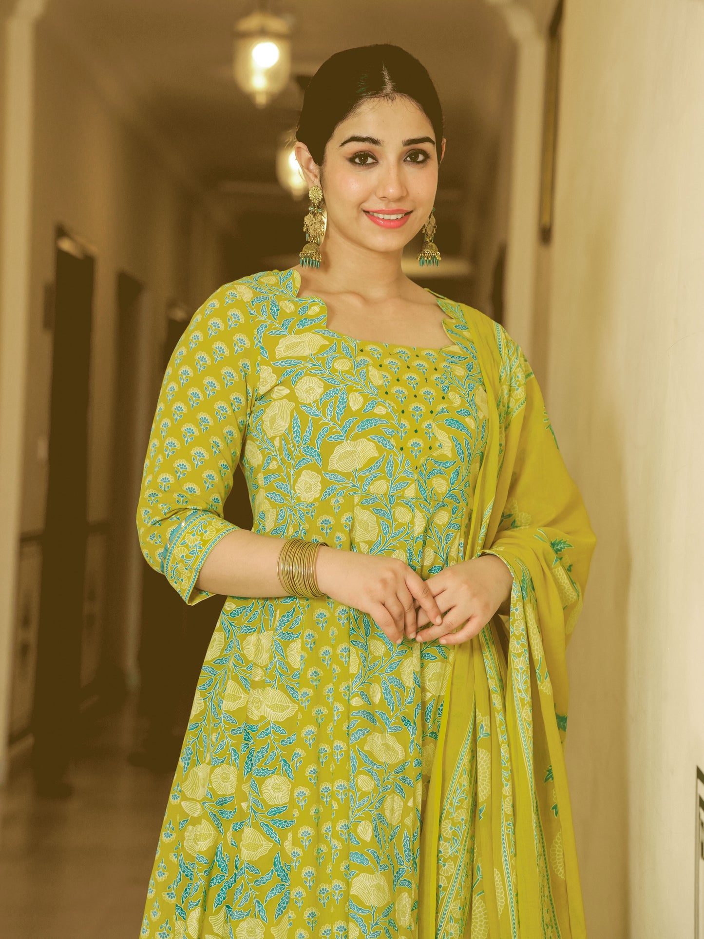 Embroidered Soft Cotton Floral Flared Lemon Yellow Kurta
