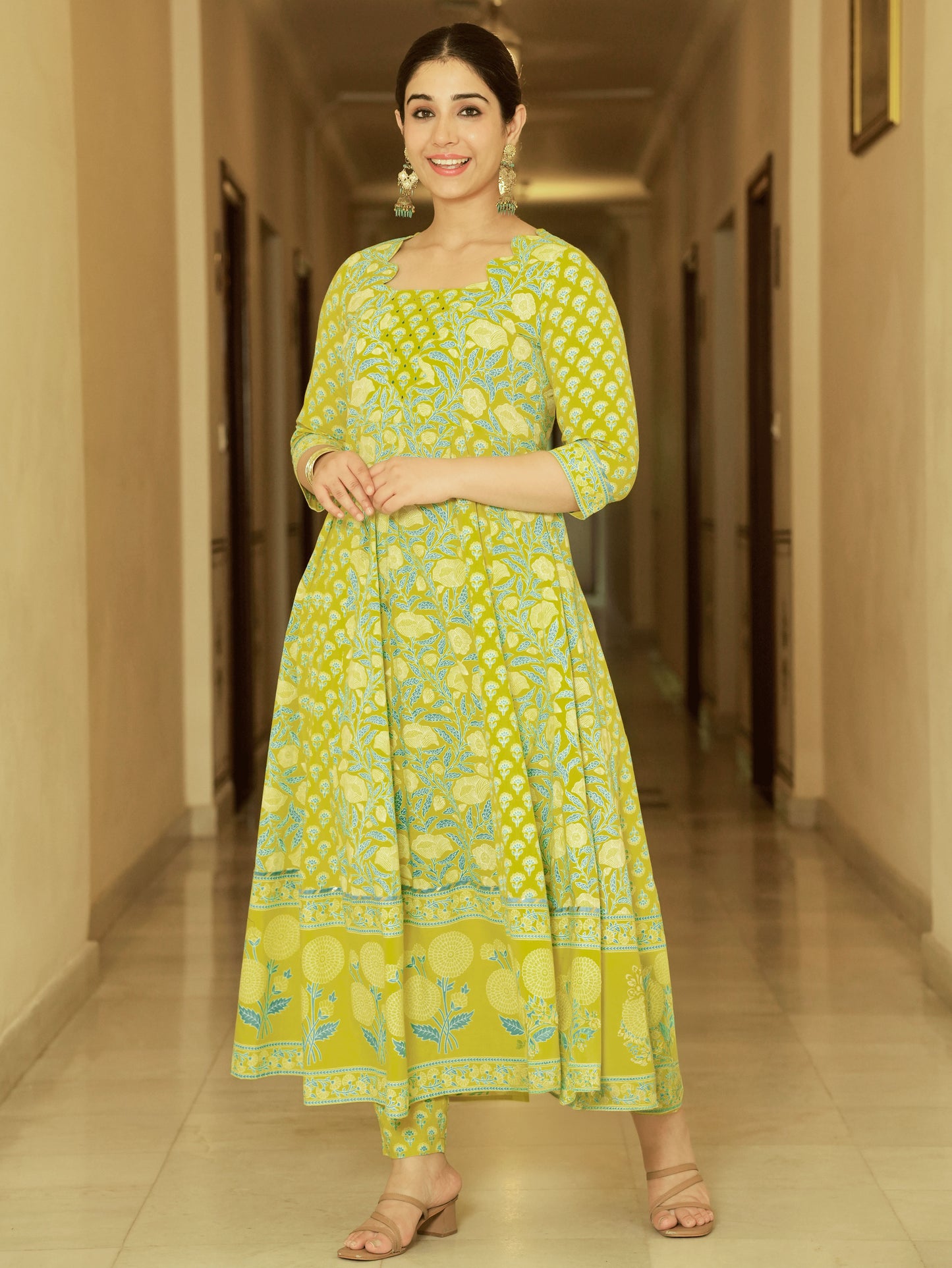 Embroidered Soft Cotton Floral Flared Lemon Yellow Kurta
