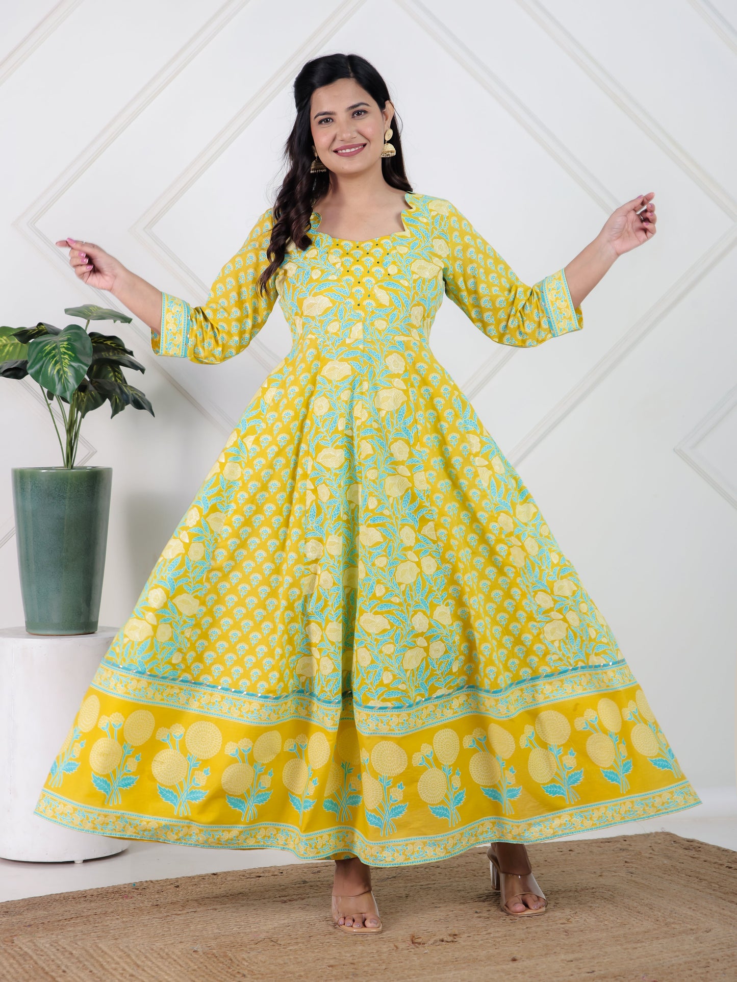 Embroidered Soft Cotton Floral Flared Lemon Yellow Kurta
