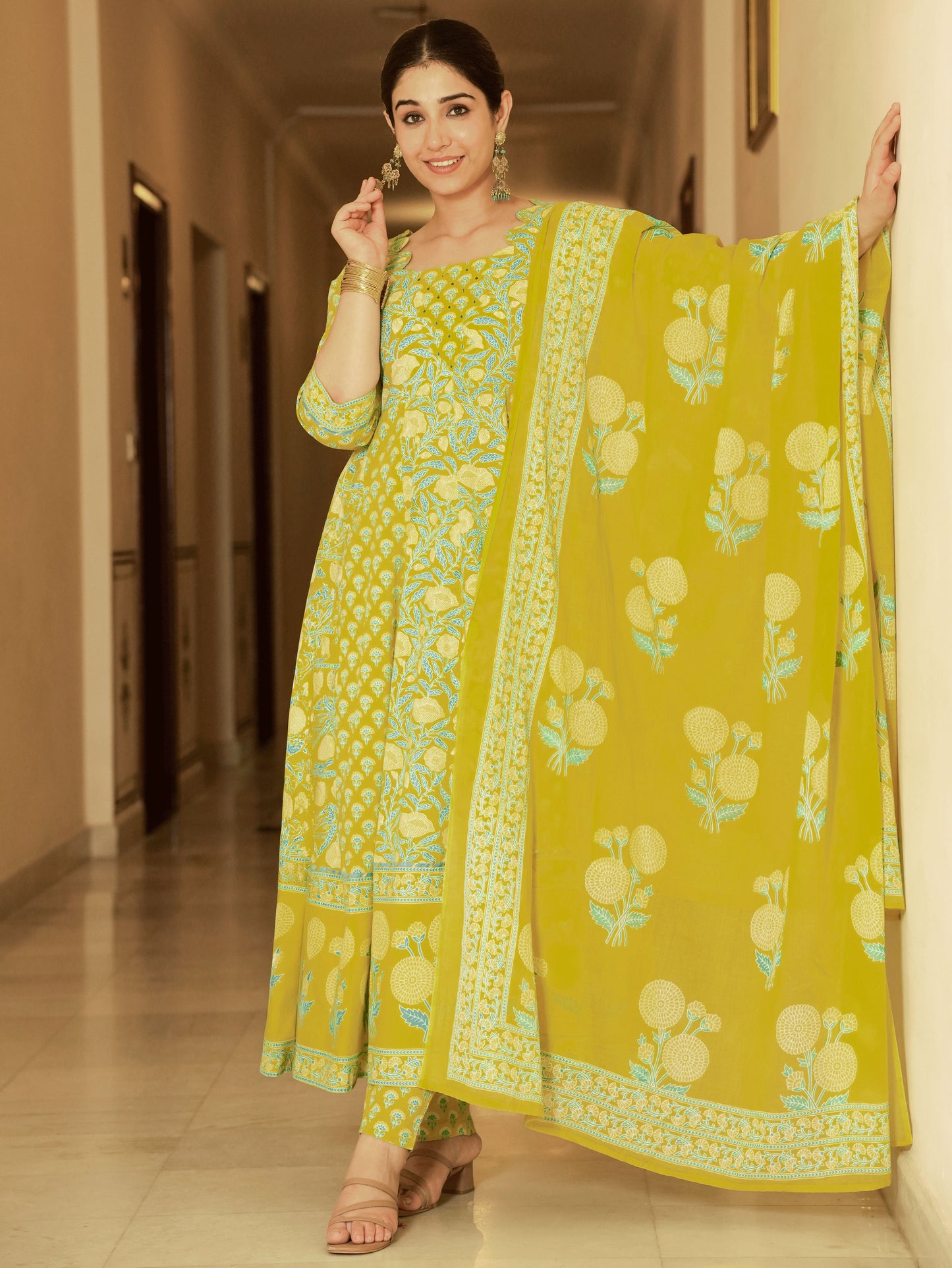 Cotton Voile Floral Lemon Yellow Dupatta