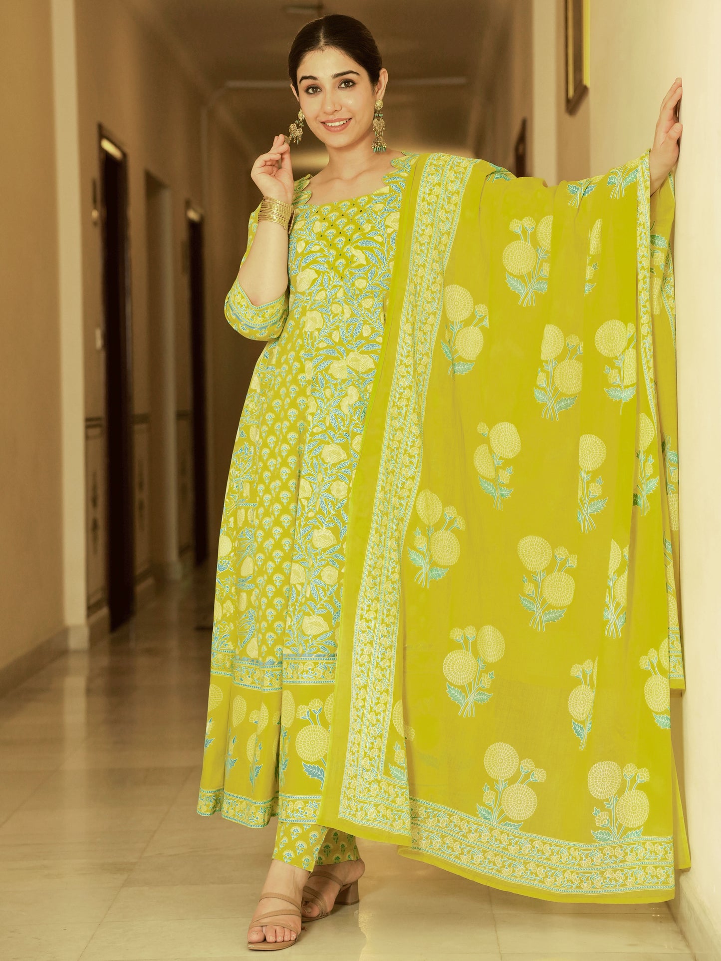 Embroidered Soft Cotton Floral Flared Lemon Yellow Kurta
